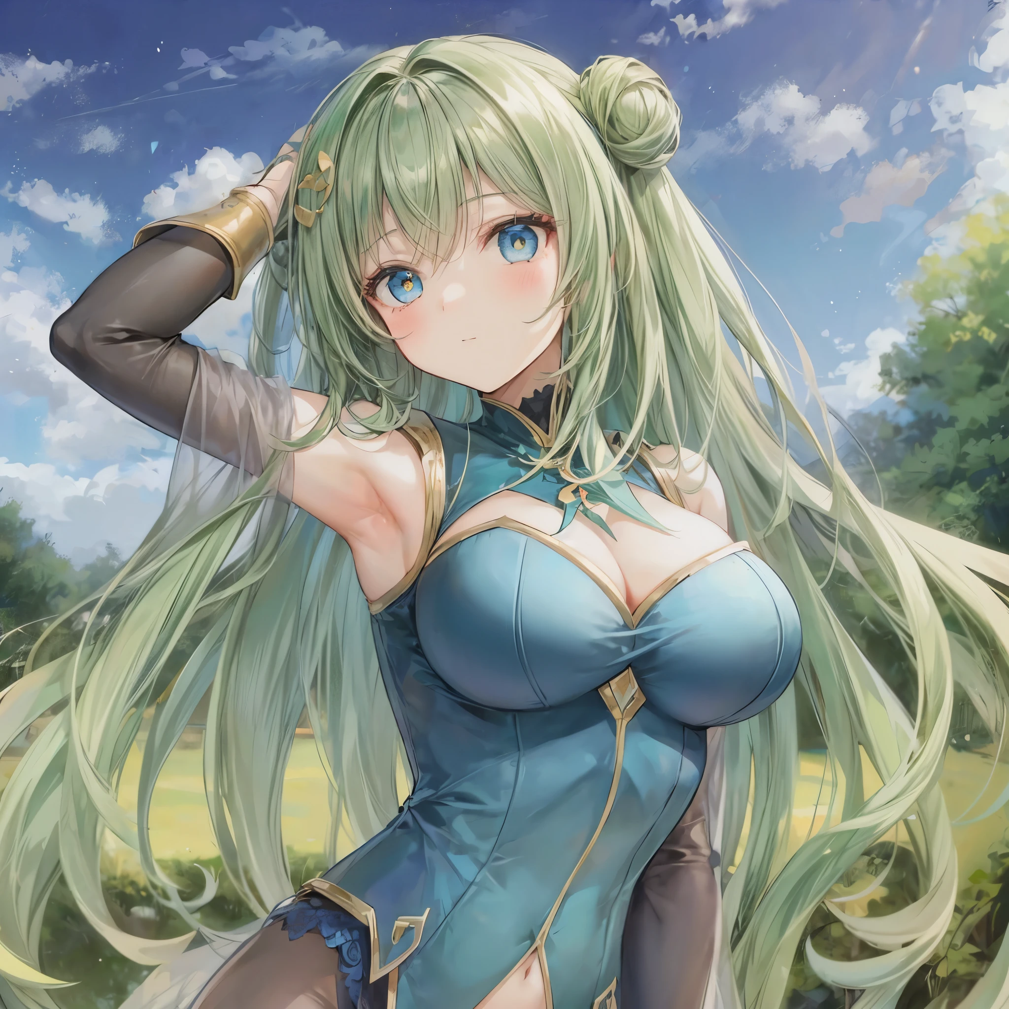 1girl, long green hair, blue eyes