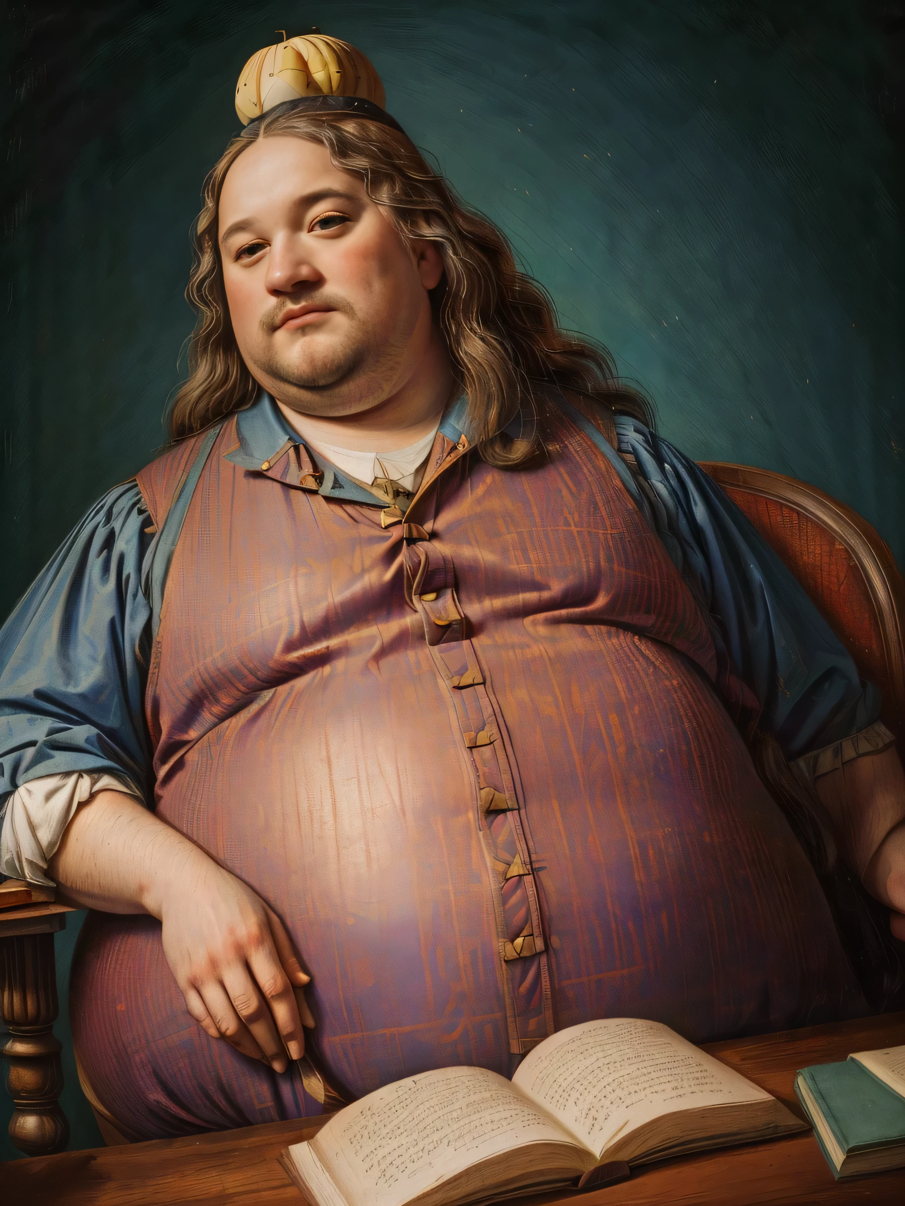 1655, massachusetts mountain village. Pre-raphaelite ((((45-year-old)) extremely fat, 500 pounds Isaac Newton)), in a library, walls filled with old books, perfect hands, wearing an apple on his head((((casual Clothing from the 1650s)))) ((Hairstyle of the 1650s)), ((Wes Anderson cinematic style)), colorful.