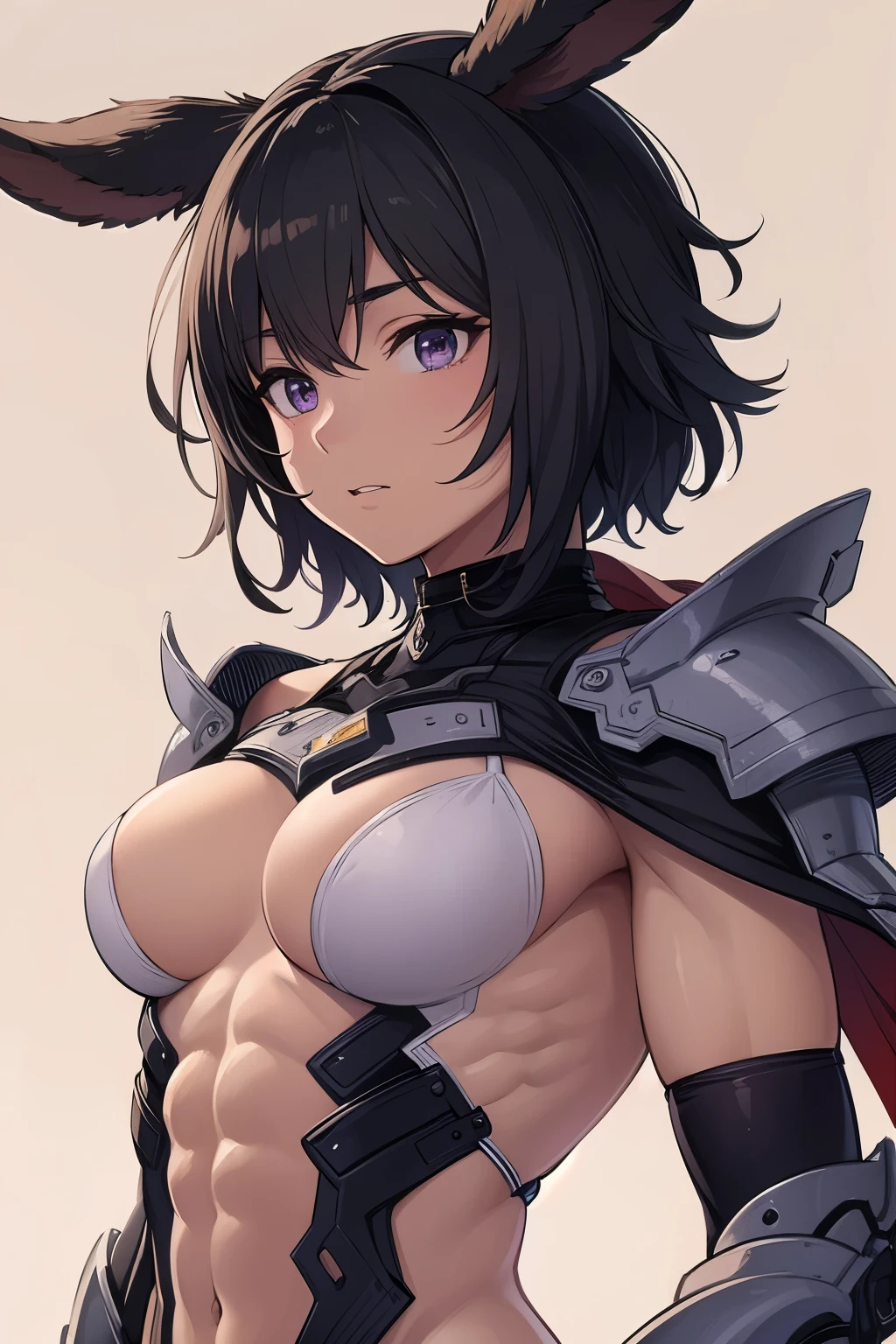 ((best quality)), ((masterpiece)), (detailed), perfect face, anime style, mature, anime girl, muscular, viera from final fantasy xiv, rabbit ears, black hair color, short messy hairstyle, tan skin color, purple eyes, demihuman, wearing a mechsuit, toned abs, fit physique
