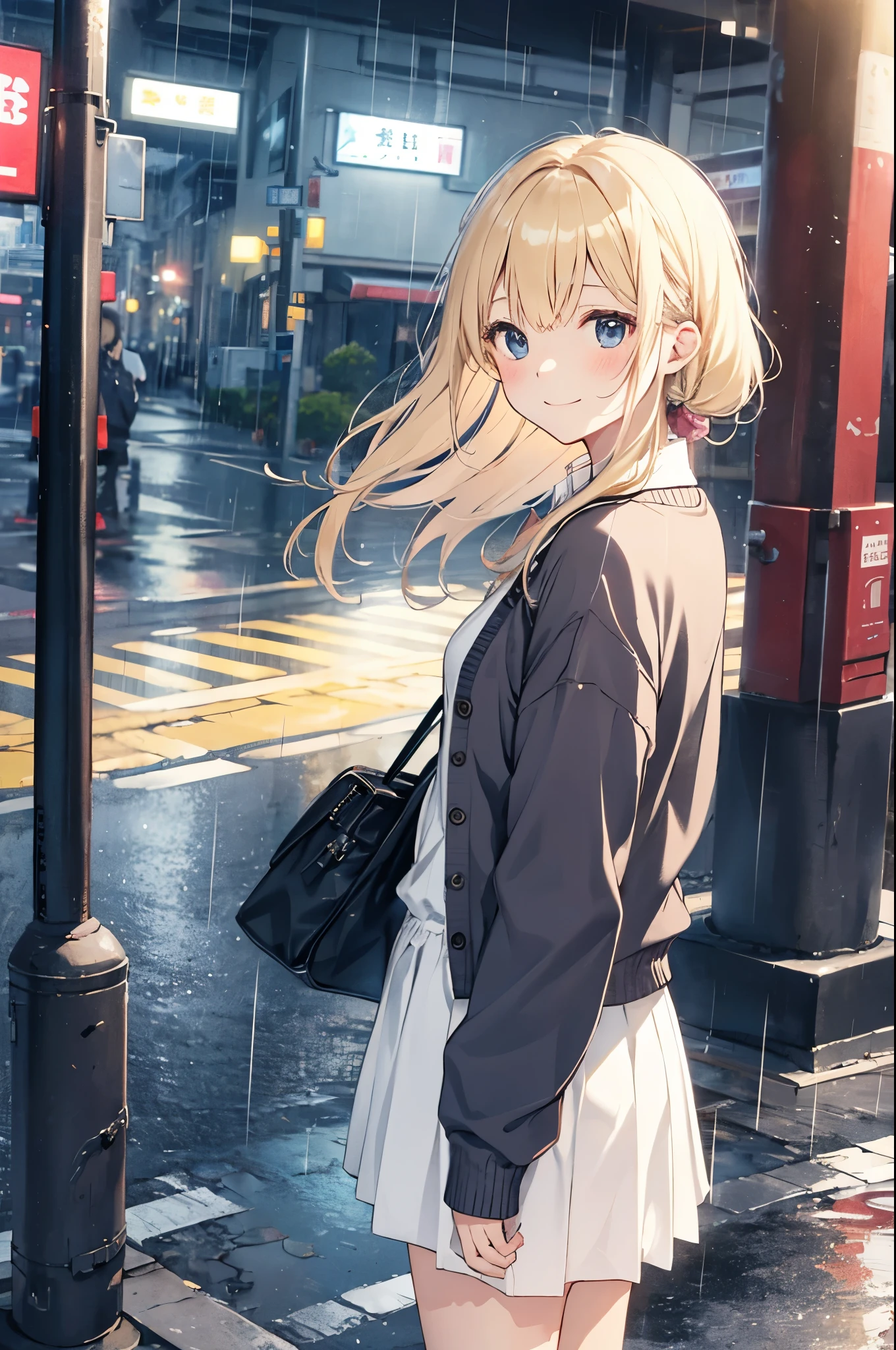 （Pretty sister:1.3）、happy face,Cold atmosphere、cardigan、evening、hot、way to school、blonde、rain