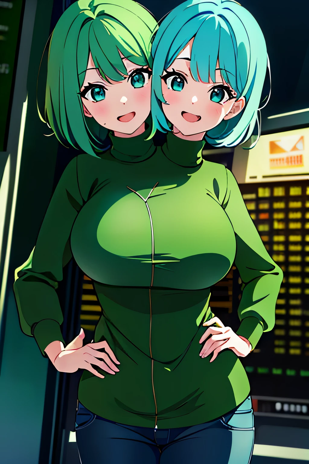 (masterpiece),(ultra-detailed), (high quality), (high resolution), (best quality:1.5, highres, UHD), highres, absurd, ultra detail, ultra quality, Ultra resolution, 16k, ((2heads:1.5)), teal hair, blue green hair, different hairstyles, turquoise eyes, casual wear, (turquoise turtleneck), strong and confident expressions, ((kindergarten )), smiling, open mouth, sticking out tongue, green construction helmets, ((two headed girl