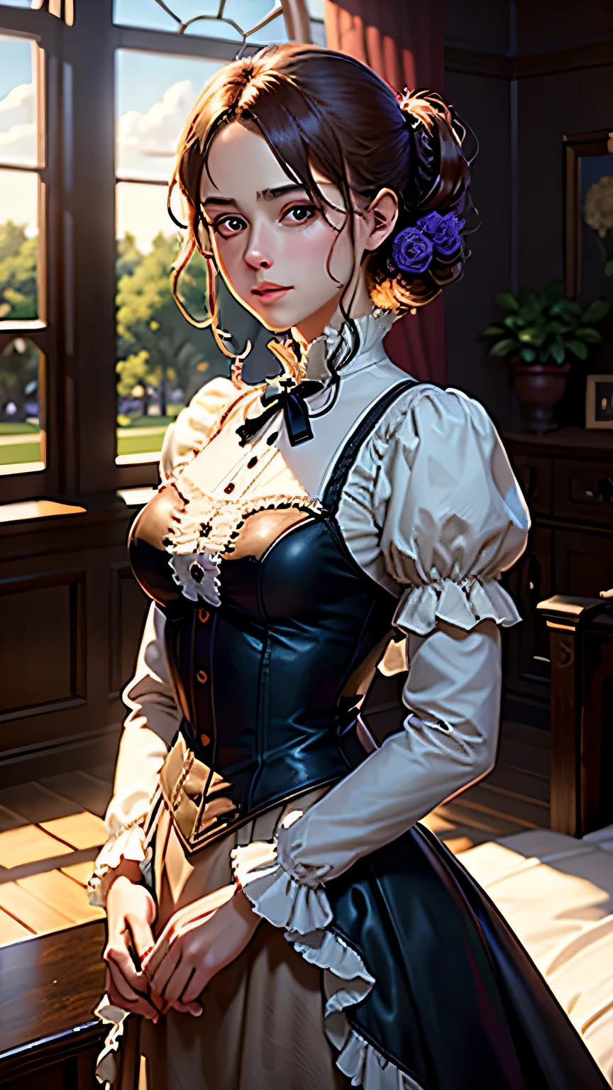 masterpiece, highest quality, (8K wallpaper that integrates high-definition CG), (highest quality), (Best Illustration), (best shadow), (Stable diffusion model), violet evergarden, Sparkling, beautiful, victorian style bedroom, dynamic lighting, written boundary depth