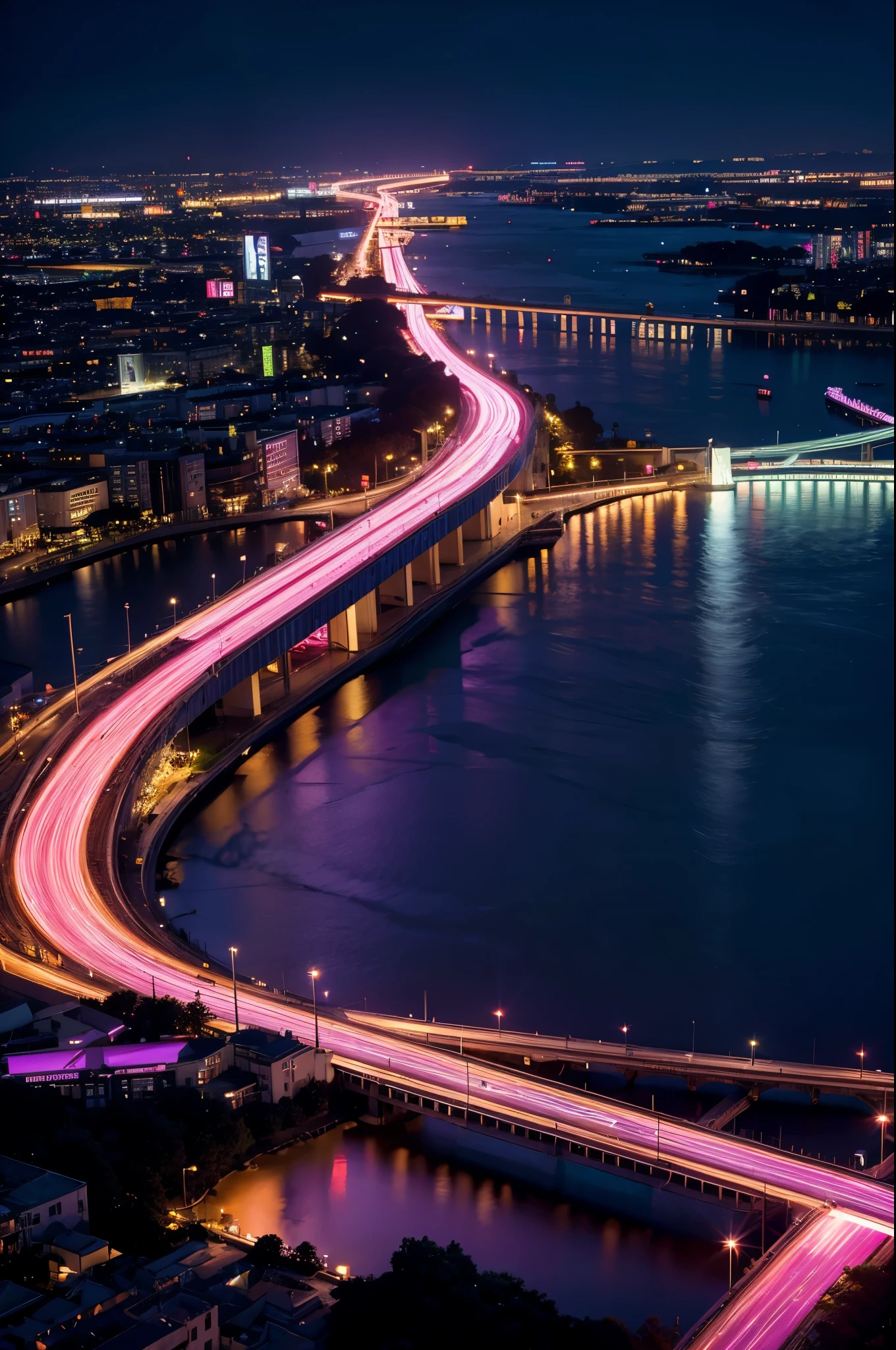 glowneon, cinematic film still, A glowing city from above emitting pink and white neon light, dark amethyst