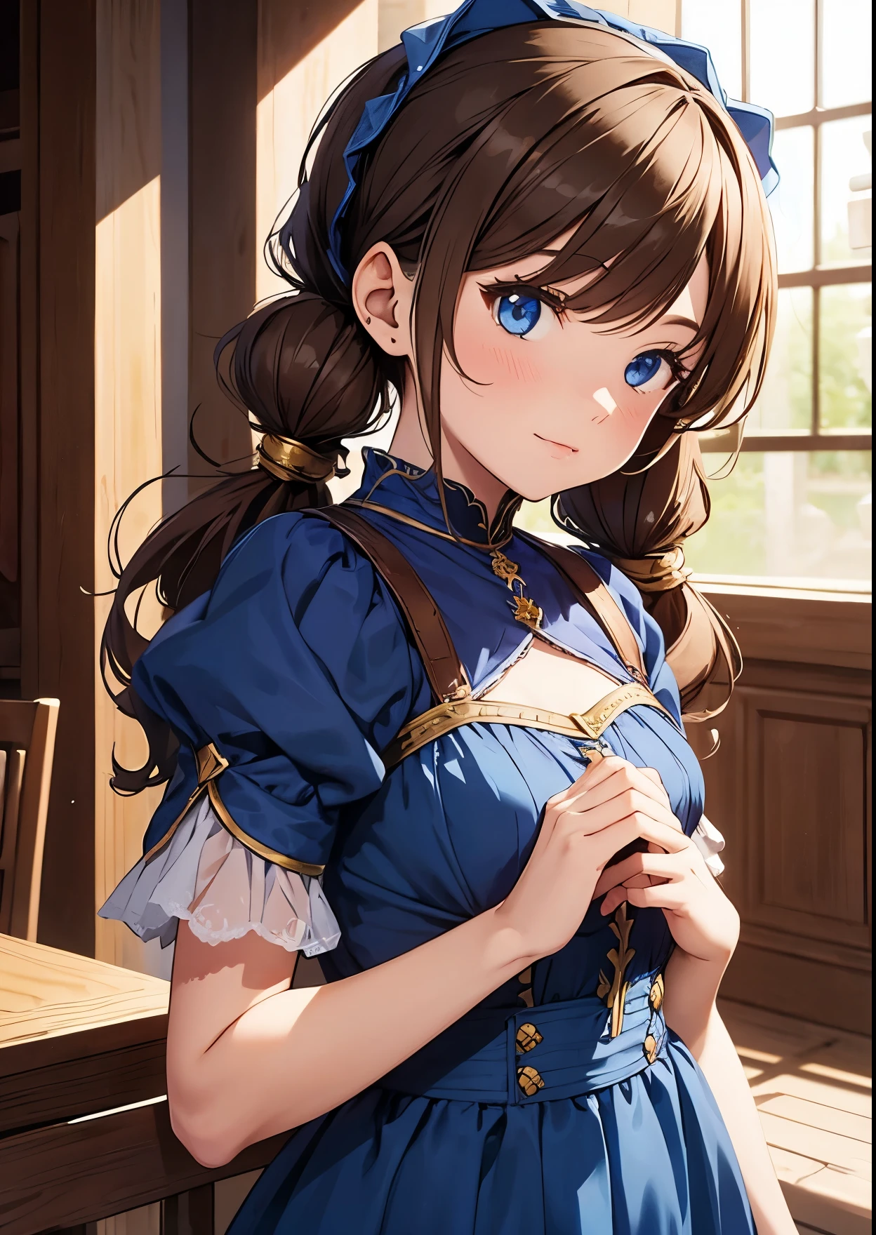 NSFW,masterpiece,Highest quality,High resolution,Very detailed,Leonardo da Vinci\(Fate/grandorder\),blue eyes, Long Hair, Brown Hair, Side Lock, Low Ponytail, ribbon, Short sleeve, Wrist cuff, maid, apron, maidヘッドドレス, Black knee socks,Bewitching Smile