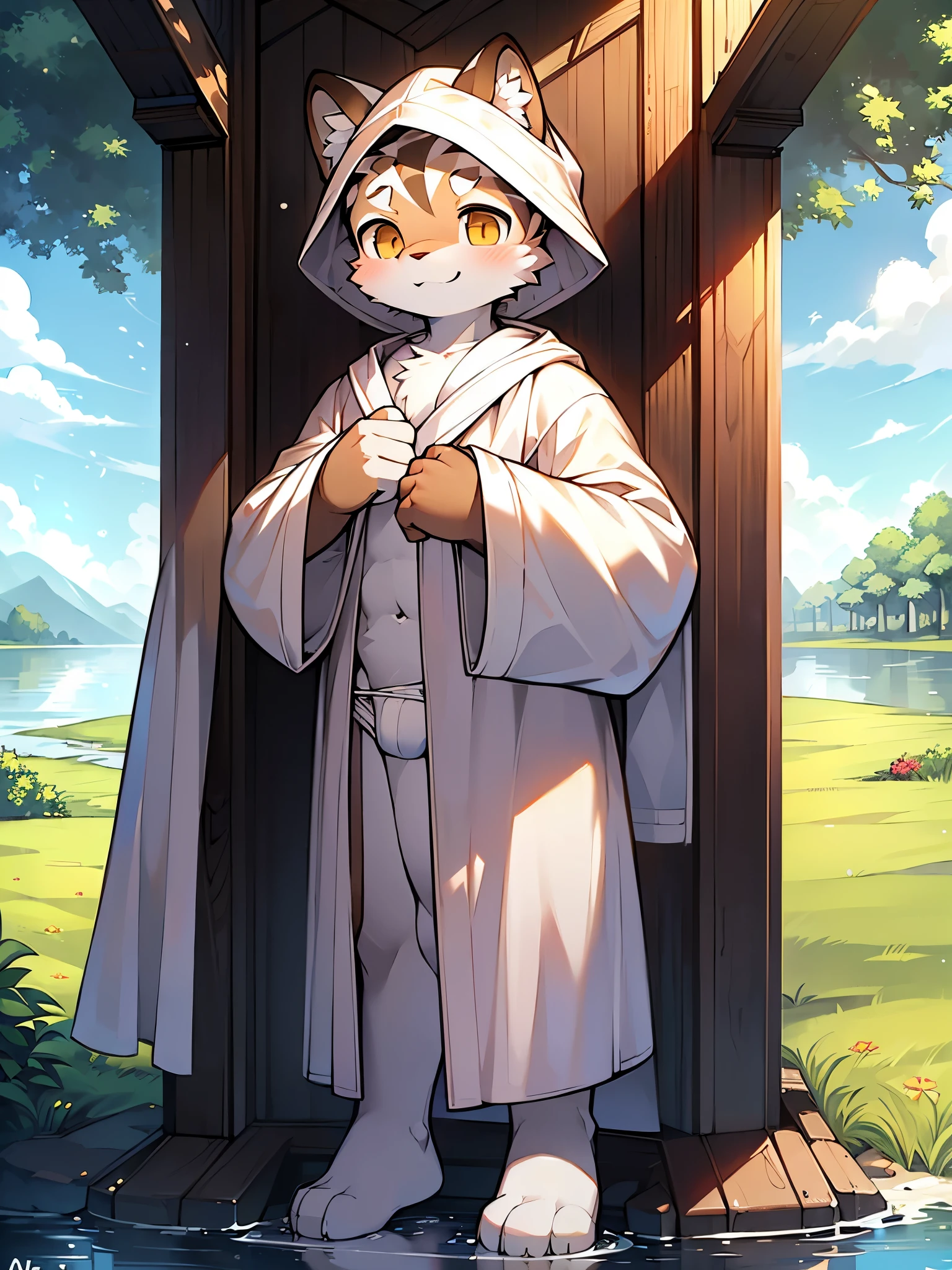 White Tiger, ((little boy)), (solo), cute, big golden eyes, black and white fur, smile, blush on the face, (muscular), (((wearing a brown bathrobe))), (white triangle underwear), standing by the lake in the forest, at noon, bright sun, with many bubbles around, reflecting light, the sparkling lake surface, the shadows of the forest, blue sky and white clouds, meticulous body depiction, correct hand depiction, accurate details, Rembrandt light and shadow, 4K ultra clear