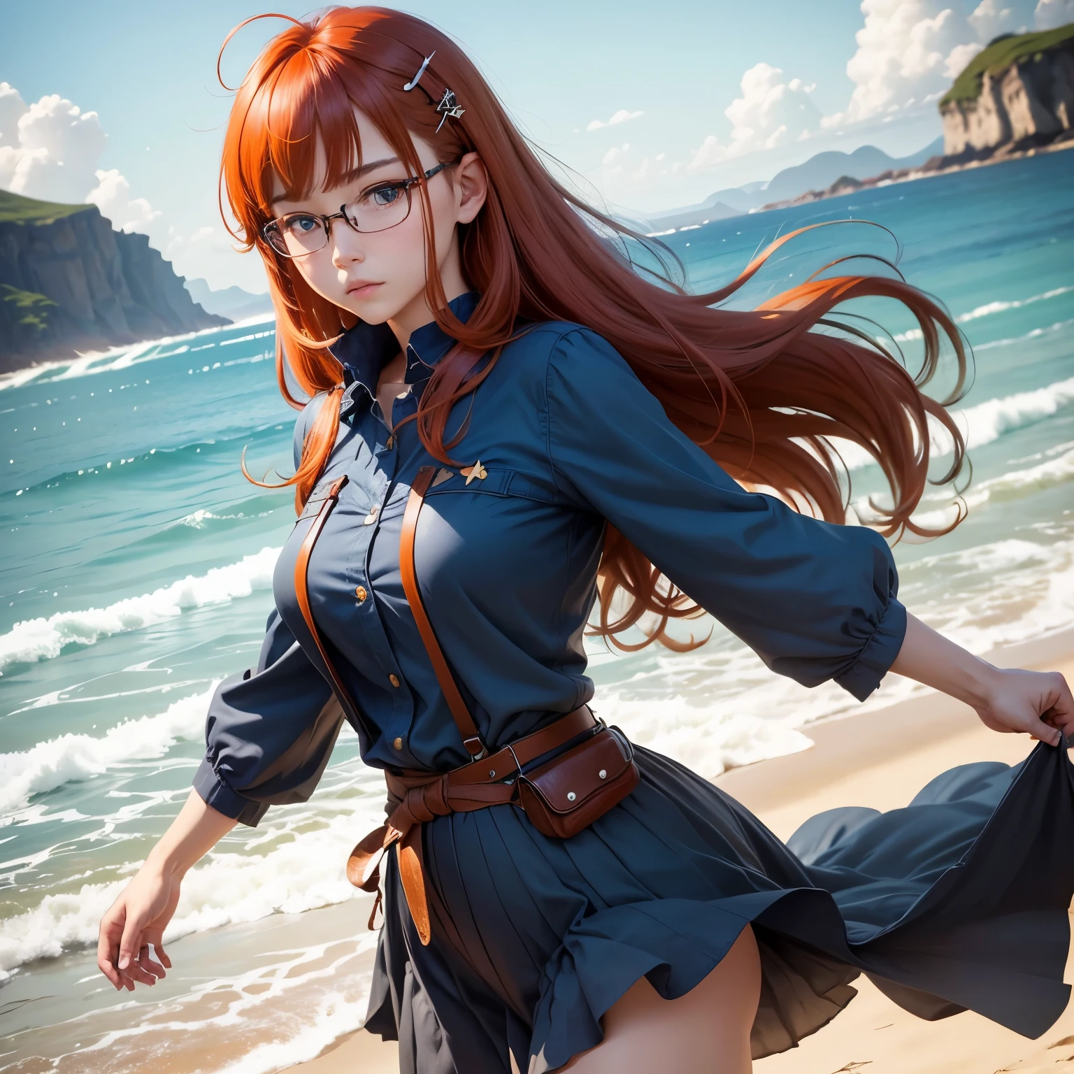 8k, masterpiece, best quality, realistic, higly detailed, cowboy shot, 1girl, solo, Itsuki Nakano, serious looking girl, medium-length hair, expressive ahoge, reddish-orange hair colour, a pair of star-shaped hairpins near both of her eyes, dark blue eyes, average height, well-endowed figure, wears glasses, cute, Beach