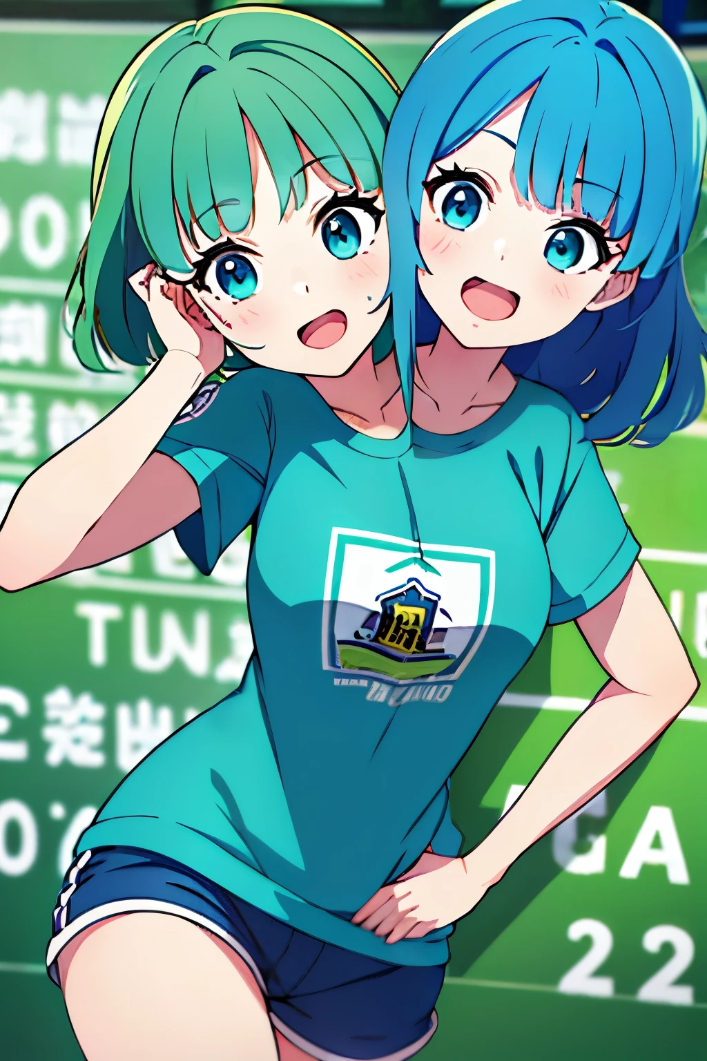 (masterpiece),(ultra-detailed), (high quality), (high resolution), (best quality:1.5, highres, UHD), highres, absurd, ultra detail, ultra quality, Ultra resolution, 16k, ((2heads:1.5)), teal hair, blue green hair, different hairstyles, turquoise eyes, casual wear, (turquoise t shirt), strong and confident expressions, (( )), smiling, open mouth, sticking out tongue, green construction helmets, ((two headed girl