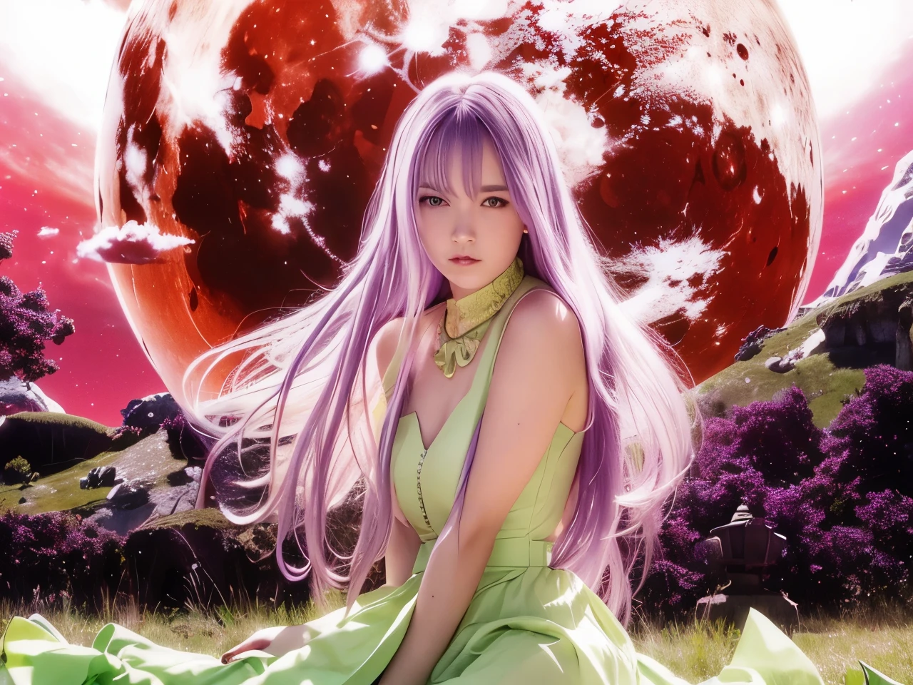 1girl, Testarossa, long hair, purple hair, light green dress, full blood moon, best quality, ultra detailed, realistic, 70mm lens,