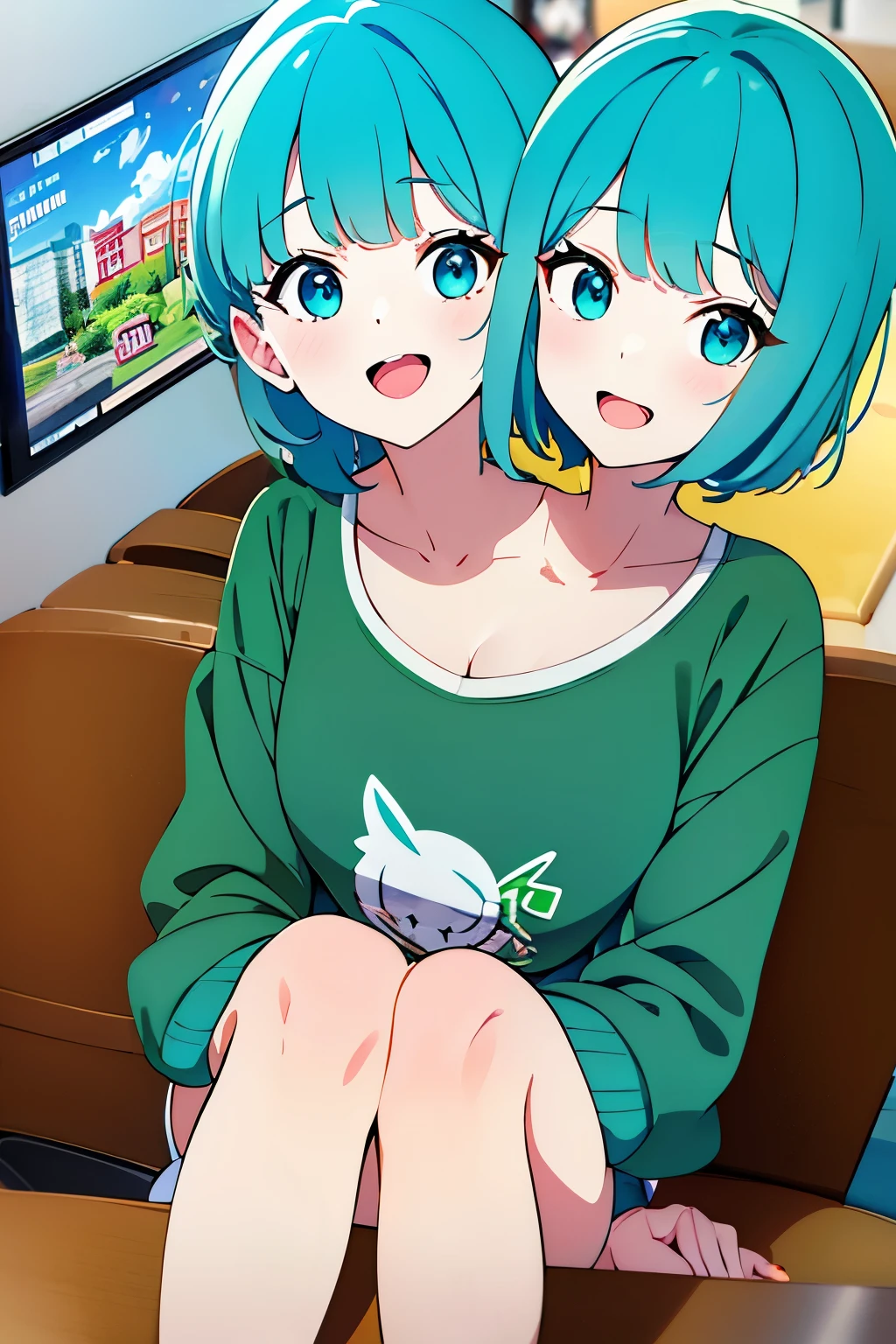 (masterpiece),(ultra-detailed), (high quality), (high resolution), (best quality:1.5, highres, UHD), highres, absurd, ultra detail, ultra quality, Ultra resolution, 16k, ((2heads:1.5)), teal hair, blue green hair, different hairstyles, turquoise eyes, casual wear, (turquoise t shirt), strong and confident expressions, ((kindergarten )), smiling, open mouth, sticking out tongue, green construction helmets, ((two headed girl