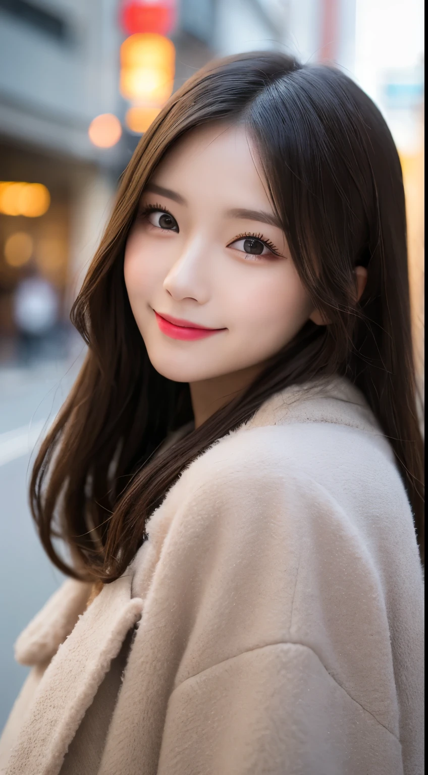 table top, highest quality, shape, Super detailed, finely, High resolution, 8k wallpaper, 完璧なダイナミックな構shape, beautiful and detailed eyes, Gorgeous black fluffy Tokyo winter clothes,ランダムなcute髪,,natural color lip, bold sexy pose,smile、20 year old girl、cute、sexy shot looking at camera,Always blur the background,perfect and beautiful face,Take only the face,beautiful and detailed face、slim face and style,Big eyes、do gal makeup,small face,Wearing a black mink coat from a luxury brand,blur the background,smile