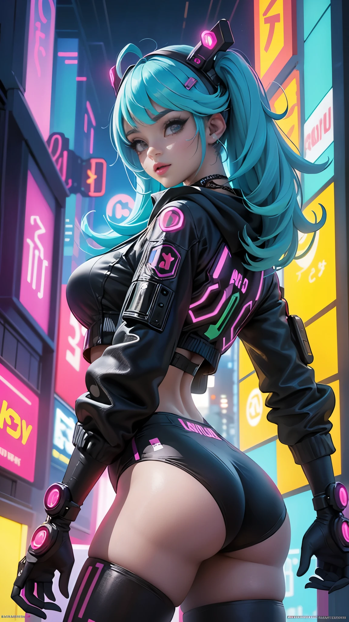 (La mejor calidad,A high resolution,Ultra - detallado,actual),Ariana Grande ciberpunk sonrientes paradas juntas tomando un retrato selfie, ((((Ropa cyberpunk inspirada en Harajuku)))), colores y patrones atrevidos, accesorios llamativos, peinado moderno e innovador))), ((detalle loco)), deslumbrante paisaje urbano Cyberpunk, rascacielos, bright neon signs, (Luces led), animated illustration, textura de piel detallada, textura de tela detallada, hermoso rostro detallado, detalles intrincados, ultra detallado, cinematic lighting, fuerte contraste.,( ciberpunk 2.1)