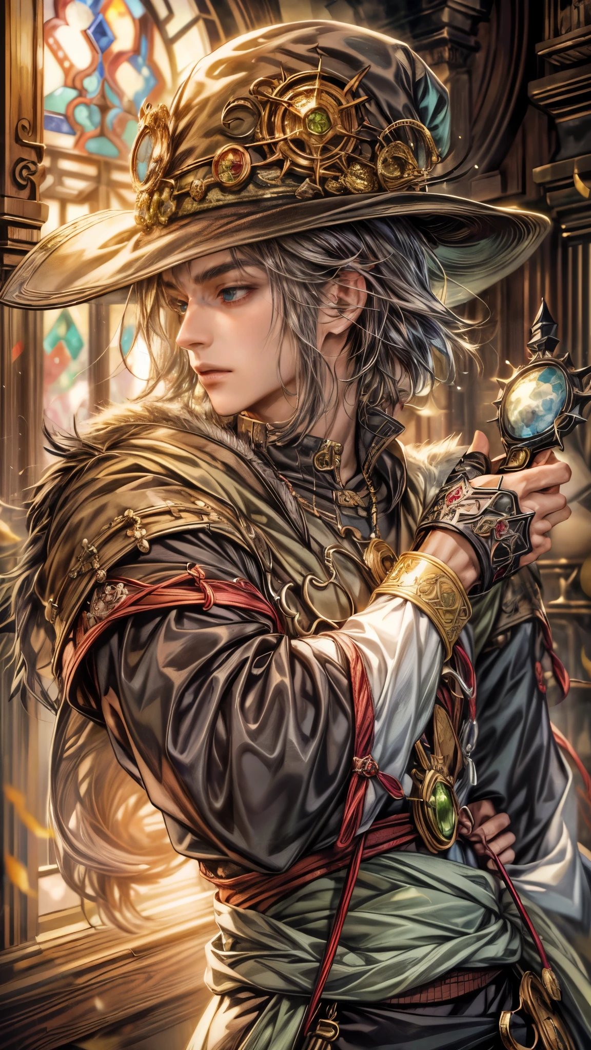 (absurdres, highres, ultra detailed, HDR), masterpiece, intricate, best quality, portrait of a handsome villain from Final Fantasy IX, peridot hair, short hair, korean face, anime eyes, mage outfit , wearing hat, detailed interiors of an rpg wand shop, showing big moon in the windows , detailed character