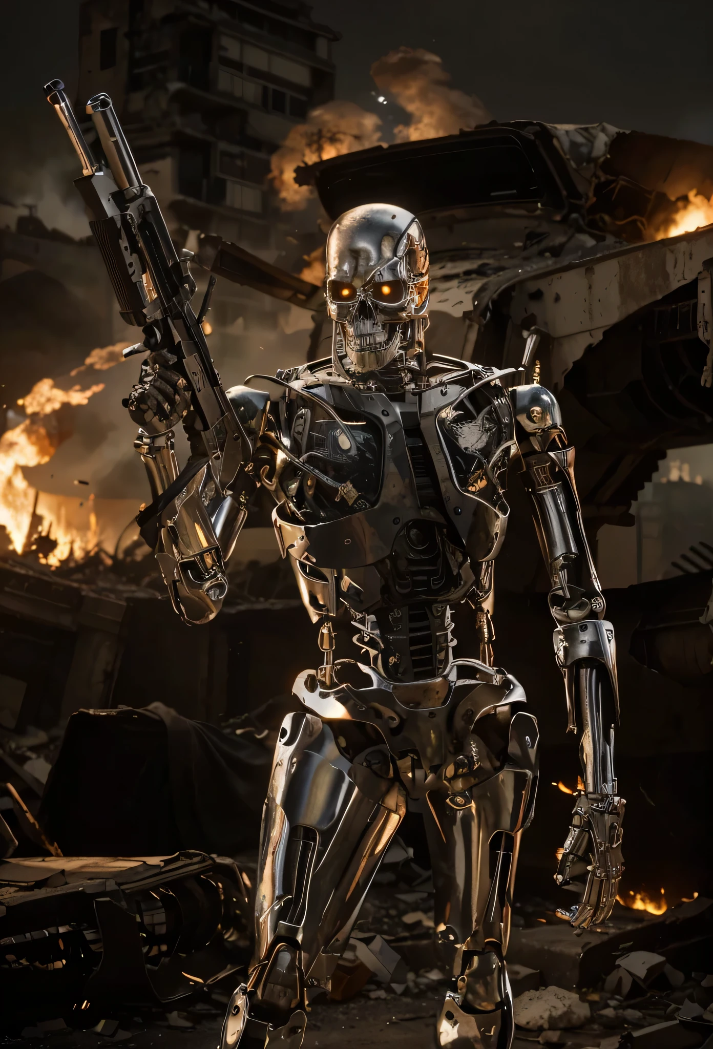 Horror-themed, <lora:Terminator style:0.9>
In the 1980's Cybernetic Android a painting of a robot holding a gun,solo,holding,standing,weapon,holding weapon,gun,no humans,glowing,robot,holding gun,mecha,glowing eyes,smoke,science fiction,humanoid robot , horror themed, dark themed, low key light, dramatic light, dramatic shadow light, contrast, cinematic color, cinematic look, filmic, realistic, realism, perfection, perfect, Kodak, Kodak film, movie still, Terminator style, The Terminator 1984 Film style, Eerie, unsettling, dark, spooky, suspenseful, grim, highly detailed