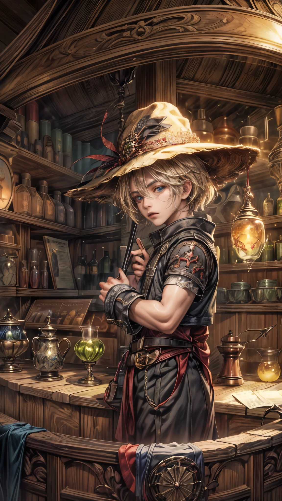 (absurdres, highres, ultra detailed, HDR), masterpiece, intricate, best quality, portrait of a handsome villain from Final Fantasy IX, peridot hair, short hair, korean face, anime eyes, mage outfit , wearing hat, detailed interiors of an rpg wand shop, showing big moon in the windows , detailed character