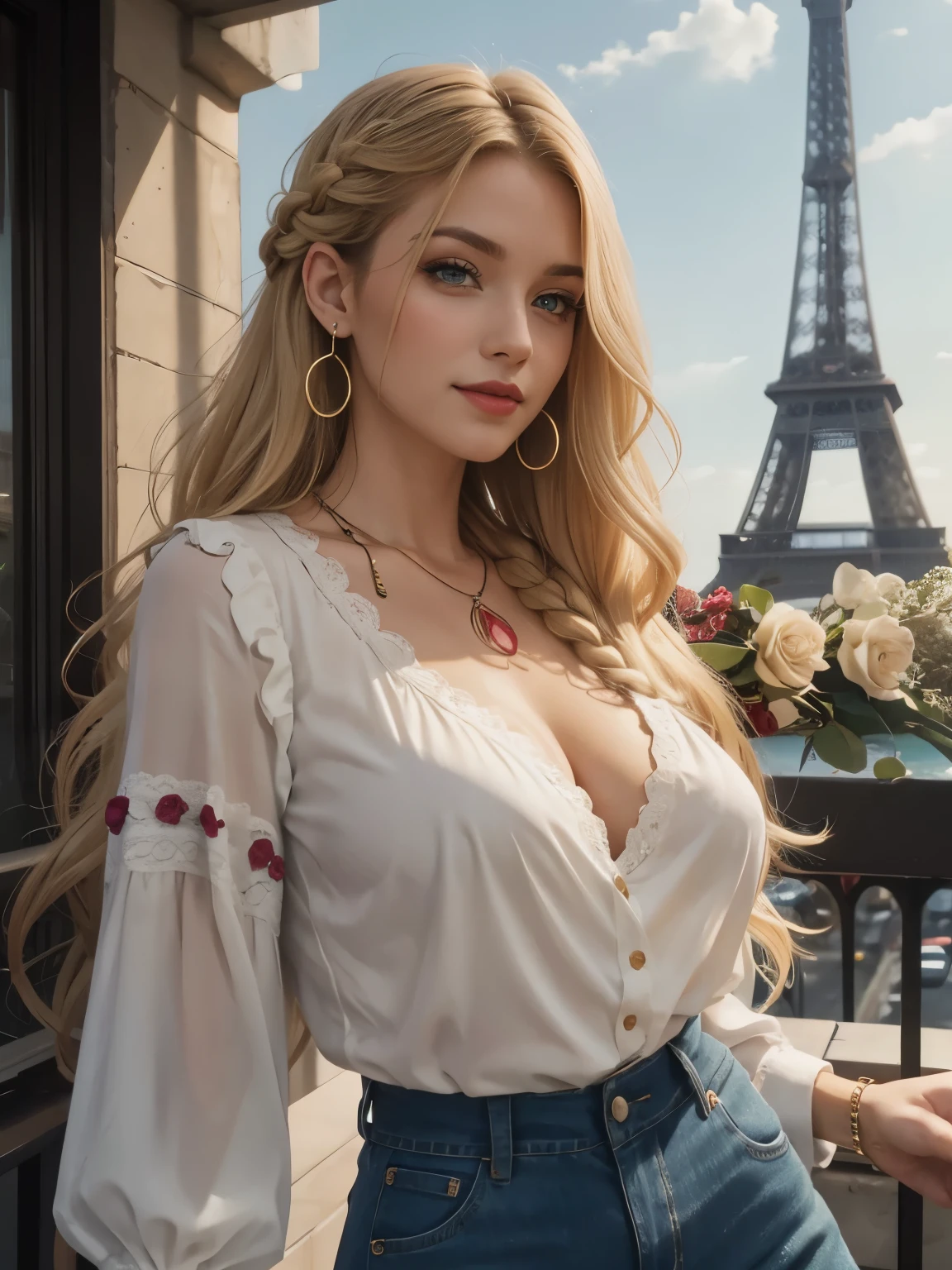 Caucasian woman, blonde hair, wavy hair, long hair, braided hair, green eyes, lined eyes, dark red lipstick, smile, athletic body, small breasts, nipples, (blouse with flowers), jeans, earrings, necklace, al In the background you can see the Eiffel Tower, side shot.