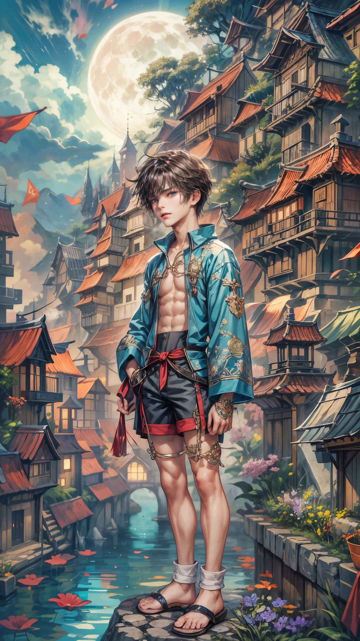 (absurdres, highres, ultra detailed, HDR), masterpiece, intricate details, best quality close-up picture of a character from legend of mana, a character with handsome looks, korean face, original hair, short hair, anime blue eyes, smirking face, matured teen, tim Burton theme, topless outfit showing chest, crop top, detailed underworld town setting background, big moon scenery, detailed character, art kenouji