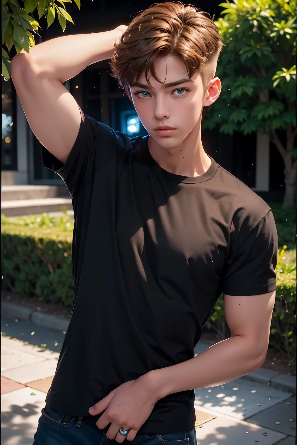 Masterpiece , highest quality - photo of a stunningly handsome thin guy 18 years old, Blue eyes, short curly hair, blonde hair, full height, in a black shirt, Photorealistic, Best quality, detailed, 8K, HDR, cinematic lighting, sharp focus, short hair, looks at the camera, happy, On a green background