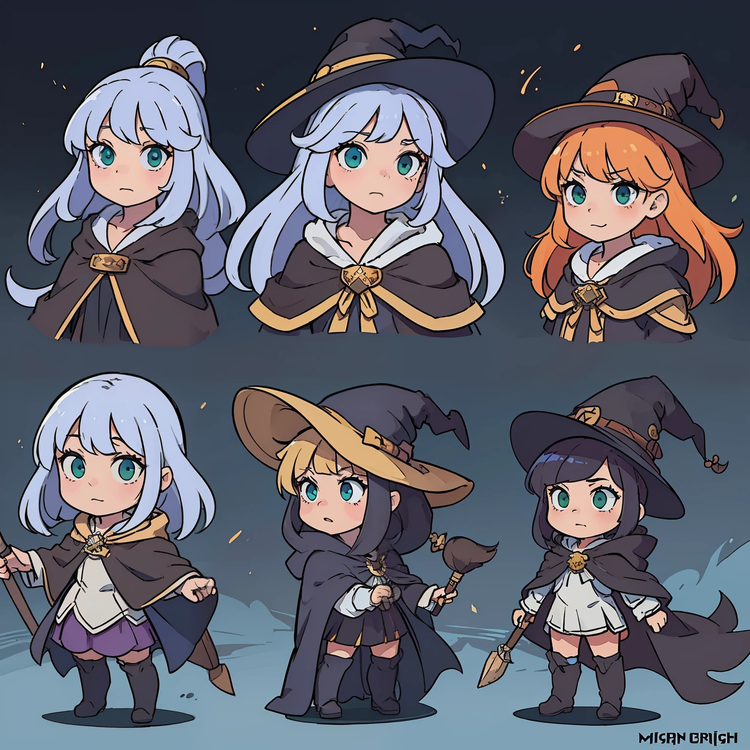 (((masterpiece))), (((best quality))), (((character design sheet, same character))), character design sheet, character reference sheet, illustration, magician girl, witch character, white long hair, mage clothes, witch dark clothes, witch hat, cape with hoodie, witch broom, holding a magical witch wand, bold face, game character, rpg character, fighting pose, green highligths in hair, anime character, 8k, awesome quality