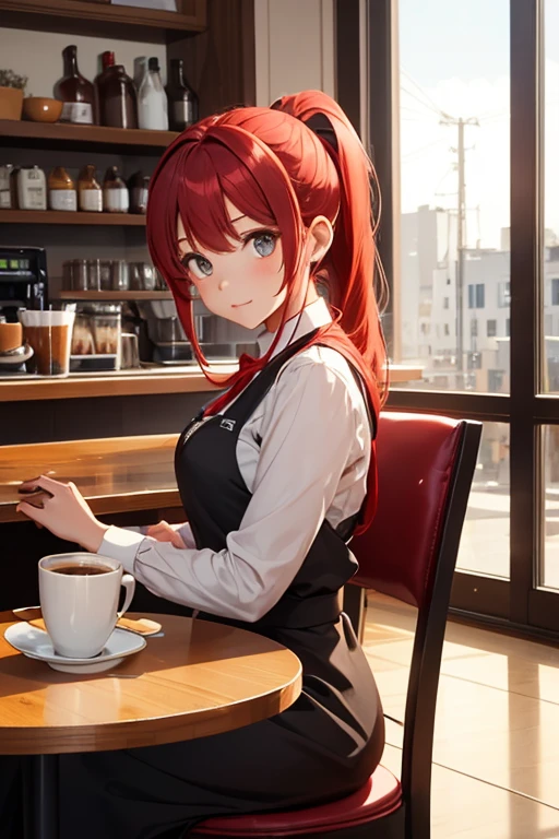 a girl who is a waiter sit in the coffee shop,red hair,ponytail hair,maid outfit, table, chair,coffee, window,cute girl