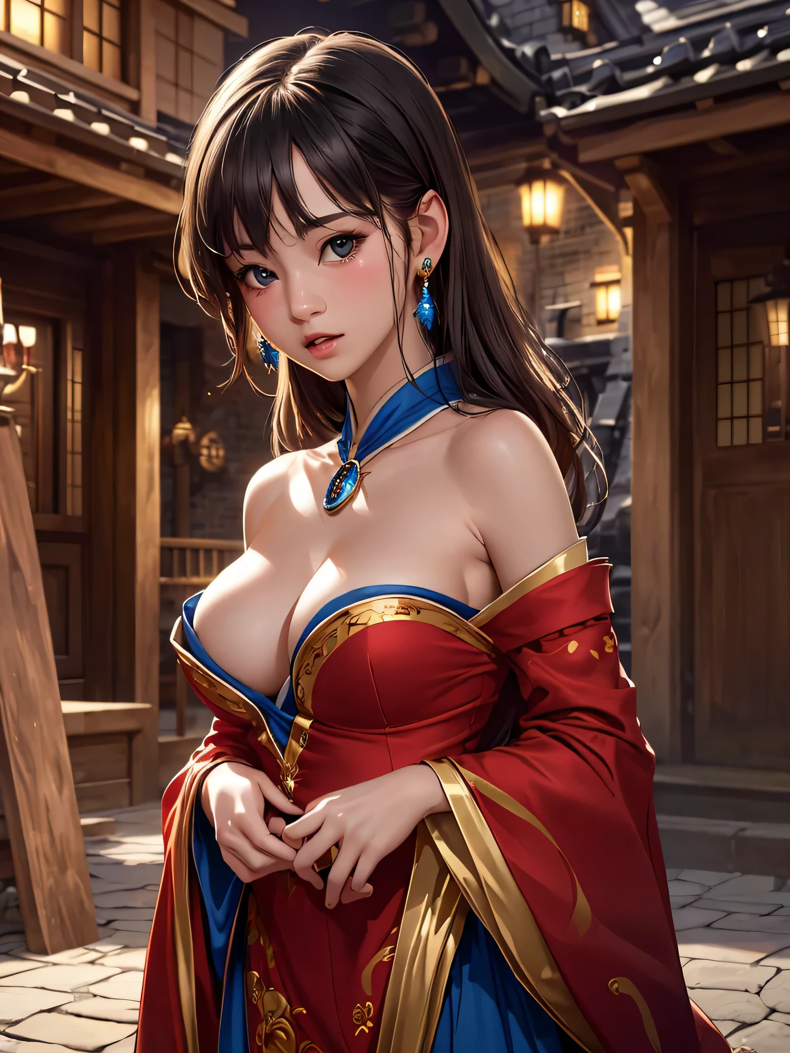 (Best Quality:1.4), Realistic, extremely detailed CG unified 8k wallpaper, ighly detailed, High-definition raw color photos, professional photograpy, Realistic portrait, Cinematic Light, Beautiful detailed, 1girl, Beautiful breasts, (cleavage), (Fine face:1.2), Close up portrait of girl in beautiful clothes with wide open front, Bare shoulders, (Beautiful clothes with wide open chest:1.4), Outdoors, high intricate detailed, Sense of truth, (universal studios Japan, attractions, harry potter, Mario bros wonderland, Mario bros:1.3), outdoor, Universal Studios Japan scenery, Universal Studios Japan Wonderland, Wonderland, view from below,