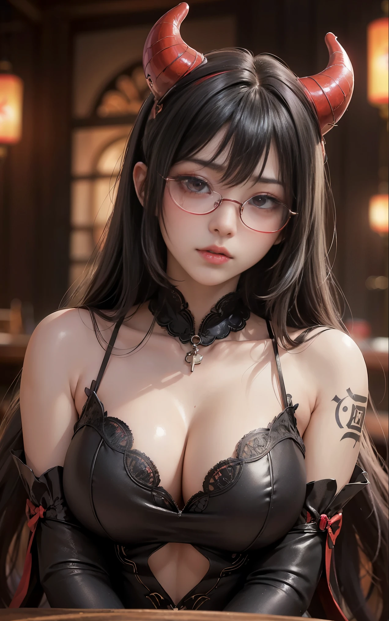 OKですかですか、(best illustrations)、8k UHD resolution、intricate details、highest quality、realistic、Super detailed、best lighting、best shadow、soft lighting、ultra hd、超realistic、Tyndall effect、Photoreal、(high detail skin:1.2)、 (intricate details, compensate, face to face with the children_v1:0.5), (OK, beautiful and delicate face, OKですか, beautiful and delicate eyes, perfectly proportioned face, high resolution skins, fine skin, Optimal ratio of 4 fingers and 1 thumb, arm under chest, red tattoo on lower abdomen、Wow wow, wide hips, smooth abdomen, thin and thin skin, __fashion__, __hair__:1.25)、Digital single-lens reflex camera、 absurd、(table top: 1.3), (maximum resolution: 1.2), (ultra hdTV: 1.2), cinematic light, fine eyes and skin, detailed facial features, , (sharp focus: 1.2), (focus on the face:1.2),perfect style, beautiful face, acura, anatomically correct, Highly detailed face and skin texture, fine eyes, double eyelid, thin eyebrows, glitter eyeliner: 1 natural cheeks, Glossy skin, Fair skin: 1.2, (glossy lips: 1.4),(embarrassed look: 1.2),Highly detailed face and skin texture, fine eyes, double eyelid, natural cheeks, glossy lips: 1.4,exposed cleavage、Bewitching。charm、 Beautiful devil woman from hell, デヴィッド・ホックニーとアルフォンス・ミュシャによる超realistic女性の肖像画, charm女性の肖像画、fantasy art, Chinese humanoid robot、chinese actress、dungeon、dragon、devil'palace of、devil'torture chamber、night、dark style 、in the dark、(detailed spooky background:0.8), magic、 1 girl、evil nun、dark necromancer、Succubus、devil'Daughter of、Shinonome Umi、bat wings,(((devil'Horn)))、 ((((giant glasses, otaku glasses, thick glasses, round glasses)))),(((big breasts)))、(devil'Tail)、(red eyesは光り輝いて:1.6)、red eyesは非常に鮮明で詳細です, your eyes are so beautifully made, ((red eyes:1.0)),intricate tattoo, demonic intricate tattoo, thigh tattoo, body tattoo, masterpiece、最もbeautiful face、baby face、cute smile、beautiful plump red lips、筋肉のcharm体、devilのcharm体、devil style、charmブラックマジックコスチューム、The long-haired、Braid、Black hair、Ponytail distortion、, Ponytail with a bow tied at the back of the hair, beautiful expression、body up、big breasts強調、bust, super tight chest, Breast augmentation surgery, Breasts are very big and round,tight waist、wide ass、 secret key, cowboy lens, (black phoenix dress: 1.0), devil crown, bright red jewel necklace、Jewelry G Wise, Please wear black mesh socks,wearing light red、nffsw, nffsw, Meeting beautiful girls, look at the girl'Main body,