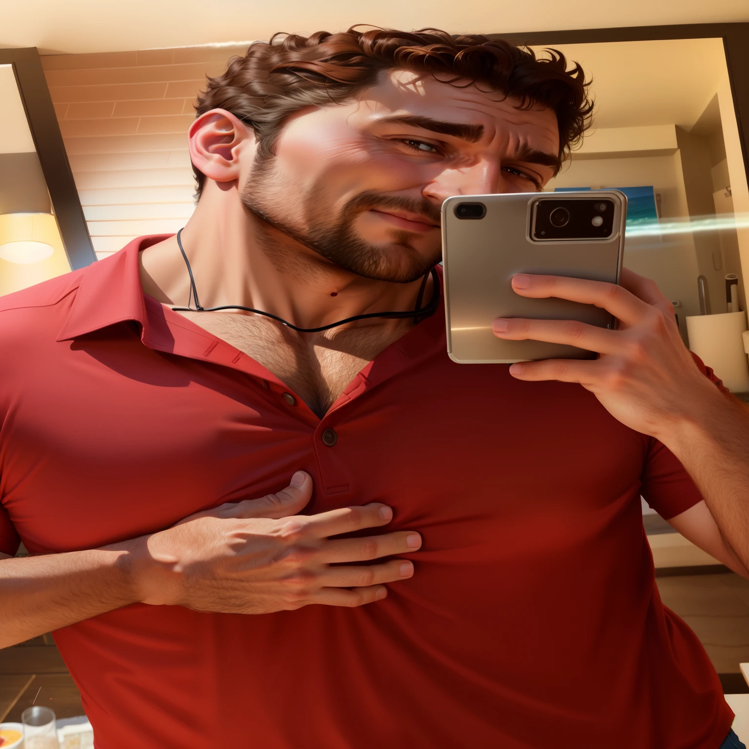 arafed man taking a selfie in a beach with a red shirt, thick collar, wearing in shirt, thick neck, neckbeard, wearing tight shirt, wearing a shirt, wearing a red lumberjack shirt, selfie of a man, style of seb mckinnon, mid-shot of a hunky, tight shirt, wearing a shirt and a jean, with a small beard