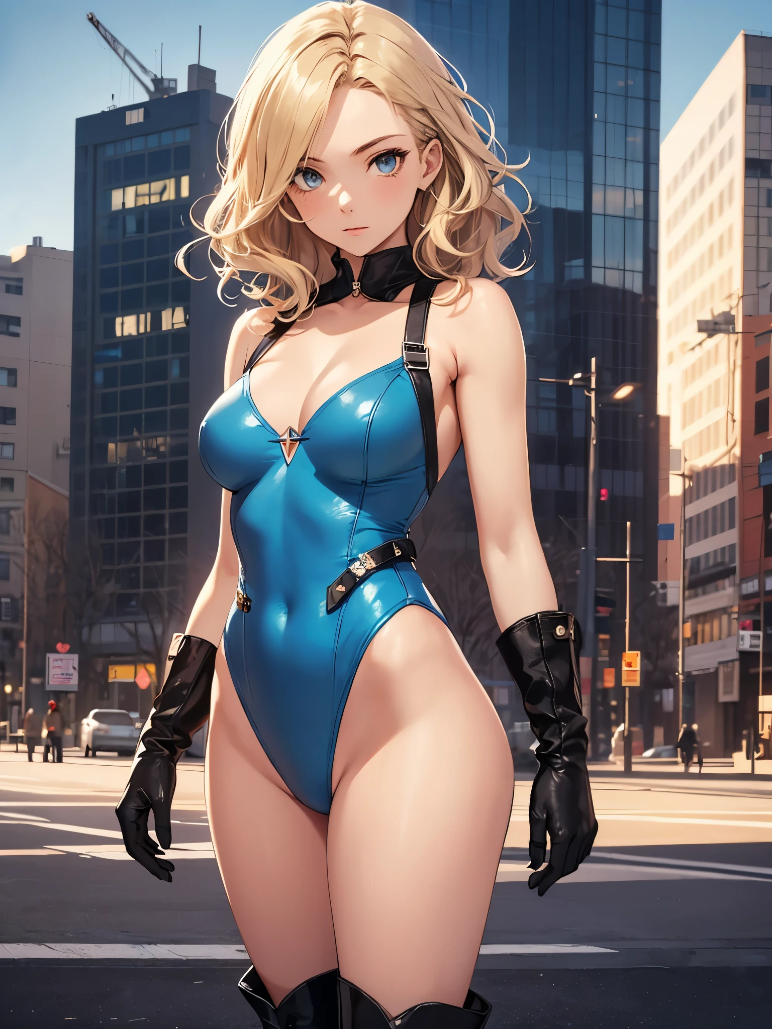 1girl, medium breasts, ((leotard, highleg leotard, light blue leotard)), (lighting bolt emblem on chest), bare legs, (tight belt), boots, matching boots, gloves, city backdrop, solo, single, standing, rear view, full body shot, cowboy shot, superhero, beautiful detailed eyes, power, ((blonde hair, short hair, wavy hair)), high school backdrop, outdoors, mature lady, teacher, perfect body, good proportions