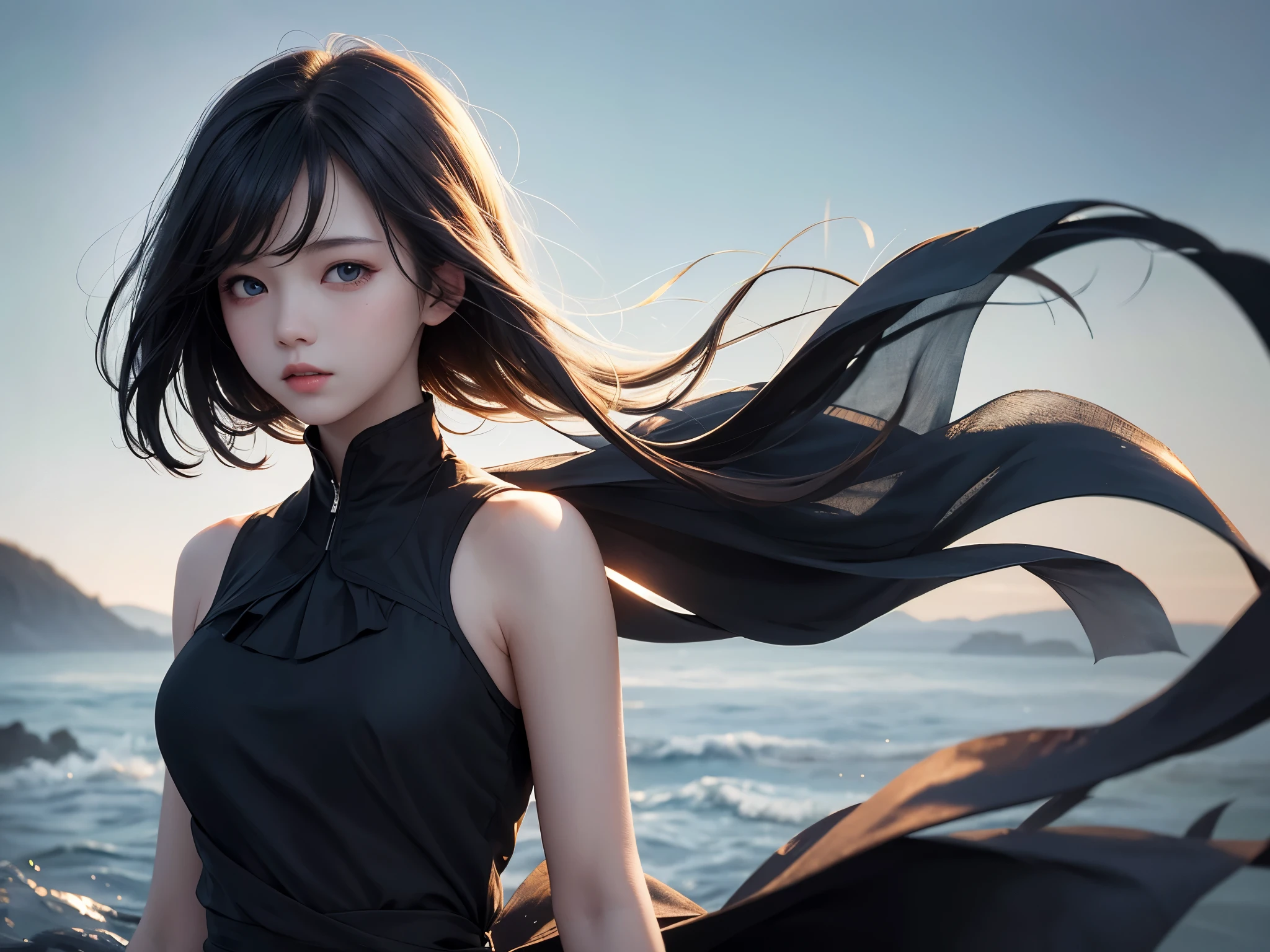 (best quality, masterpiece), 1 girl, look down, wind, particle, simple background, dark mood, Upper body,