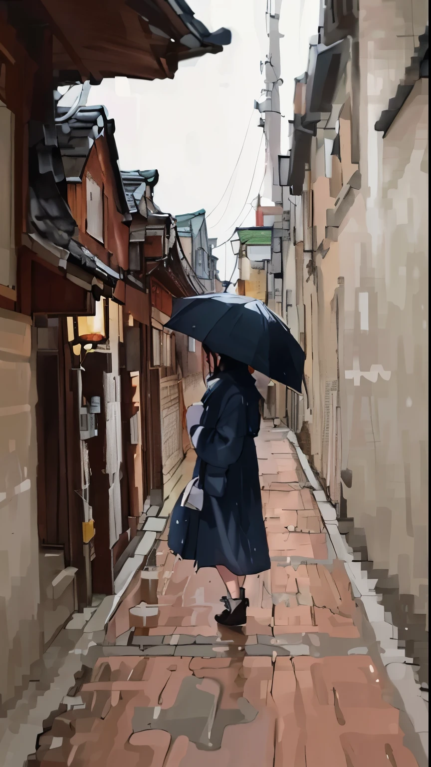Rainy Day 한 여자가 우산을 들고 벽돌길을 걷고 있다, With a rainy street in the background, Rainy afternoon, on a Rainy Day, rainy weather, Rainy and gloomy atmosphere, drizzle, The aesthetics of rain, Rainy Day, in the rain, Songs inspired by Itō Shinsui, standing in the alley, wearing a maroon coat, Wandering in the city
