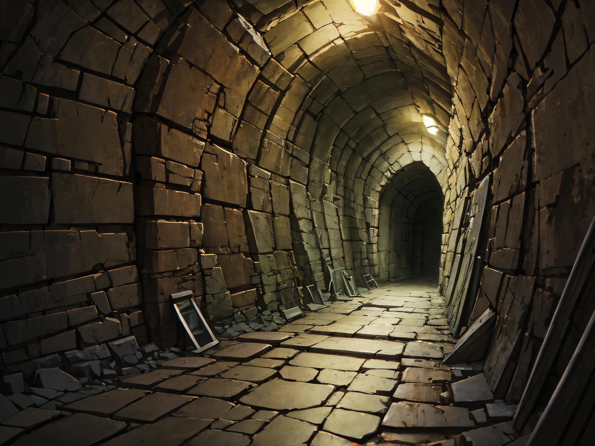 visual novel background, dark damp chamber, crypt, broken cracked floors, a tunnel going deeper ahead, urns, extremely detailed, high quality