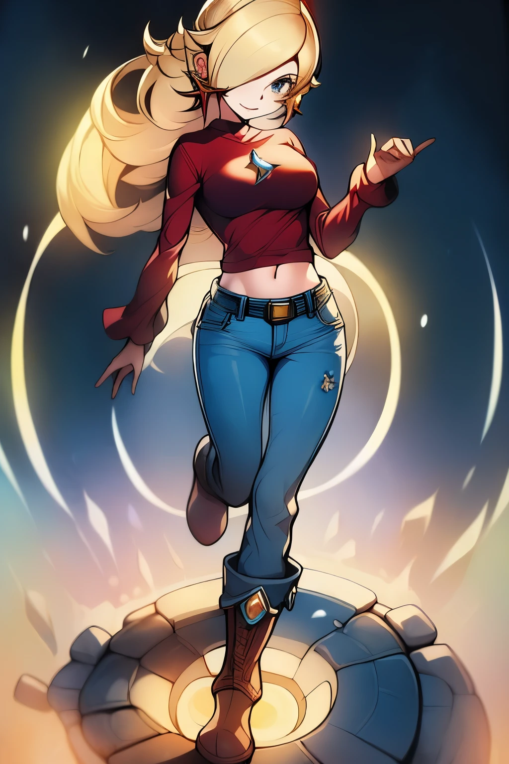 Rosalina, Rosalina wearing a red Top, jeans , Boots, Rosalina's golden hair flowing through air, ultra detailed face,