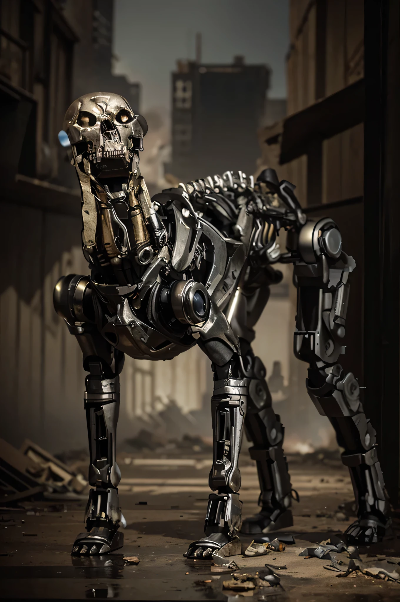 perro estilo terminator, ultra advanced chrome metal robotic skeleton, holds a laser rifle, is in a totally destroyed post apocalyptic city, fuego y humo, Hyper Realista, 4k, Imagen ultra detallada, Realista, muy detallado, perfect composition, beautiful intricately detailed incredibly detailed, Artistic photography in 8K, hiper detallado, Obra maestra