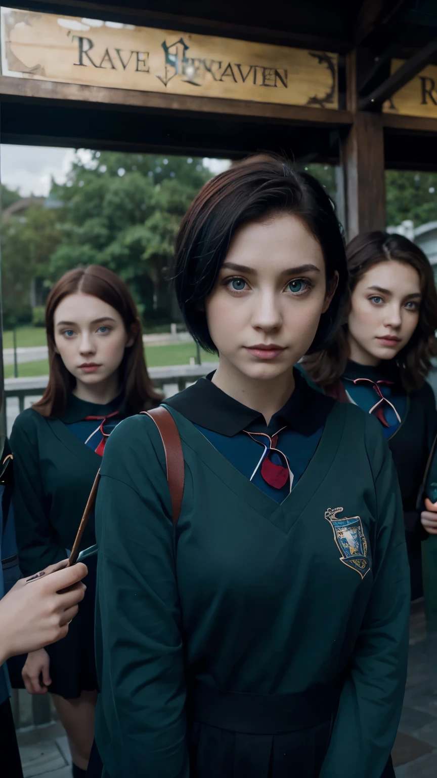Ravenclaw pretty girl with Hazel eyes black short hair selfie with her pretty slytherin friends who has red hair, pale skin and ocean blue eyes. Wearing Hogwarts uniform 