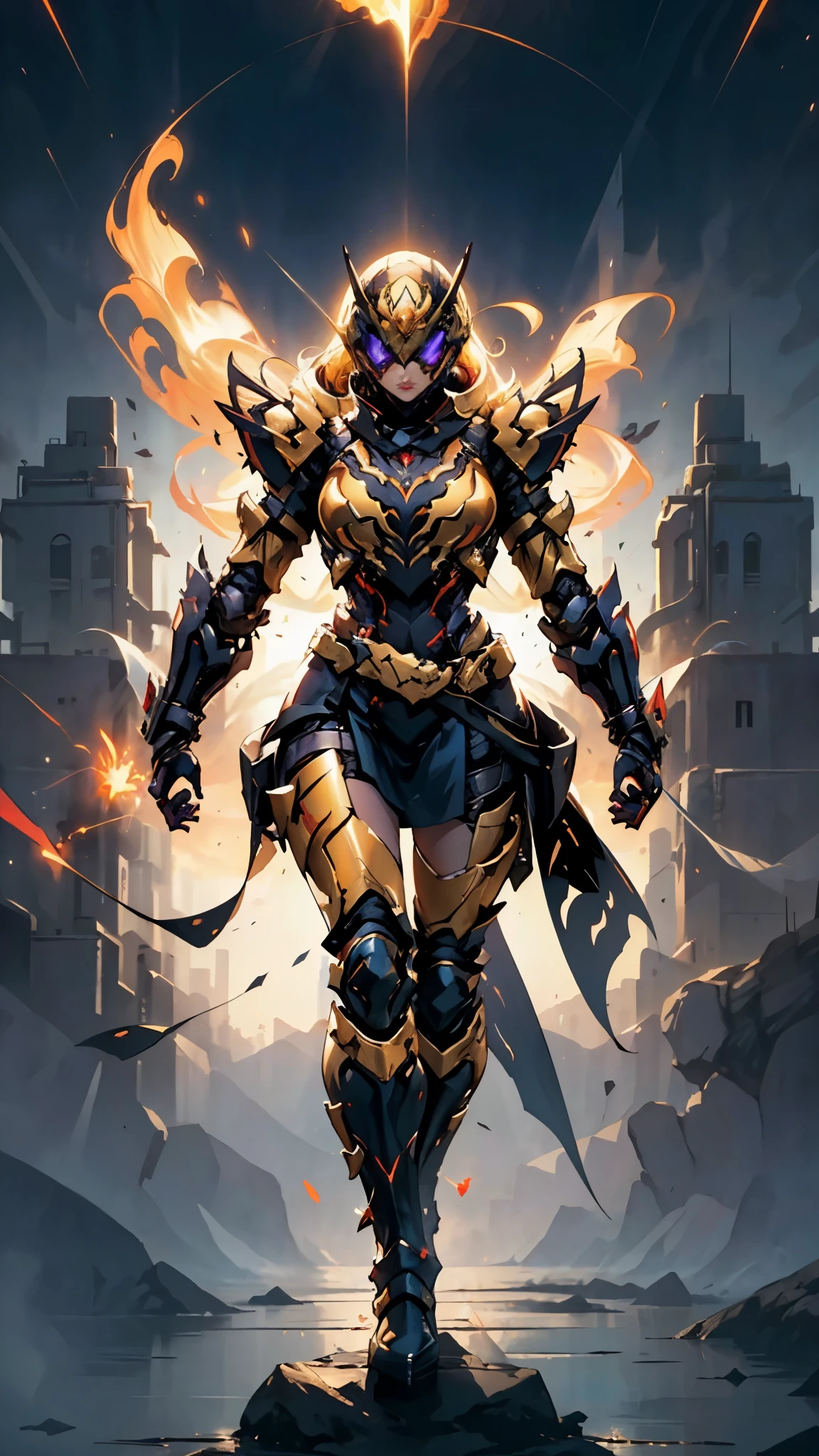 A woman adorned in fantasy-style full-body armor, a crown-concept fully enclosed helmet that unveils only her eyes, a composite layered chest plate, fully encompassing shoulder and hand guards, a lightweight waist armor, form-fitting shin guards, the overall design is heavy-duty yet flexible, ((the armor gleams with a golden glow, complemented by red and blue accents)), exhibiting a noble aura, she floats above a fantasy-surreal high-tech city, this character embodies a finely crafted fantasy-surreal style armored hero in anime style, exquisite and mature manga art style, (mixture of Queen bee and Spider concept Armor, plasma, blood), ((Element, energy, elegant, goddess, femminine:1.5)), metallic, high definition, best quality, highres, ultra-detailed, ultra-fine painting, extremely delicate, professional, anatomically correct, symmetrical face, extremely detailed eyes and face, high quality eyes, creativity, RAW photo, UHD, 32k, Natural light, cinematic lighting, masterpiece-anatomy-perfect, masterpiece:1.5