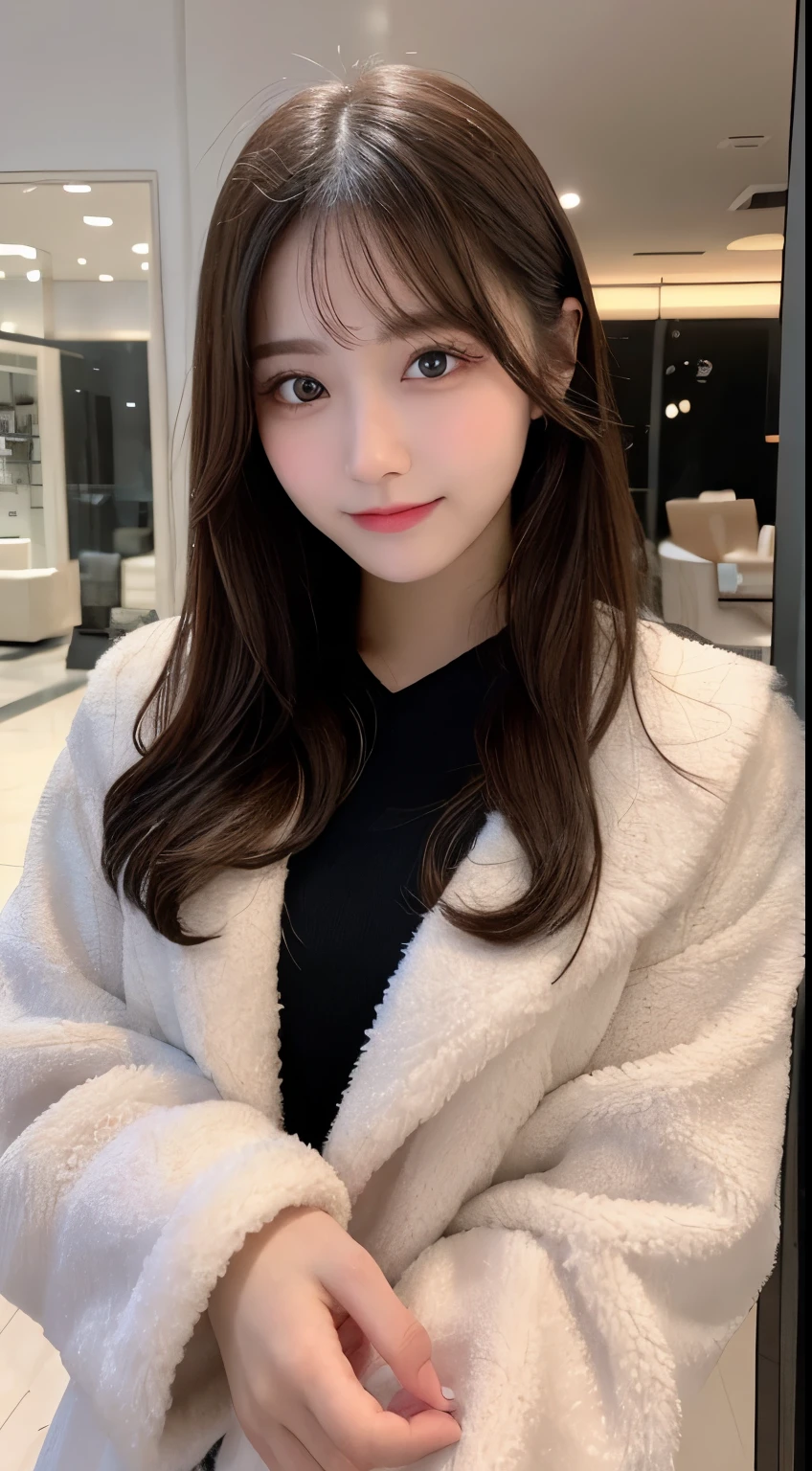 table top, highest quality, shape, Super detailed, finely, High resolution, 8k wallpaper, 完璧なダイナミックな構shape, beautiful and detailed eyes, Gorgeous black fluffy Tokyo winter clothes,ランダムなcute髪,,natural color lip, bold sexy pose,smile、20 year old girl、cute、sexy shot looking at camera,Always blur the background,perfect and beautiful face,Take only the face,beautiful and detailed face、slim face and style,Big eyes、do gal makeup,small face,Wearing a luxury brand mink coat