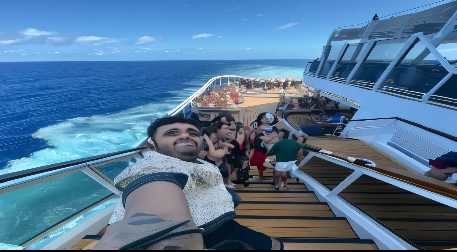 people on a cruise ship taking a selfie with a camera, em pé on the deck of a ship, no oceano, on the deck of a ship, no meio do oceano!!!!!, oceano ao fundo, standing on the deck of the ship, No mar, the oceano ao fundo, selfie taken directly at angle, em um barco, me divertindo muito