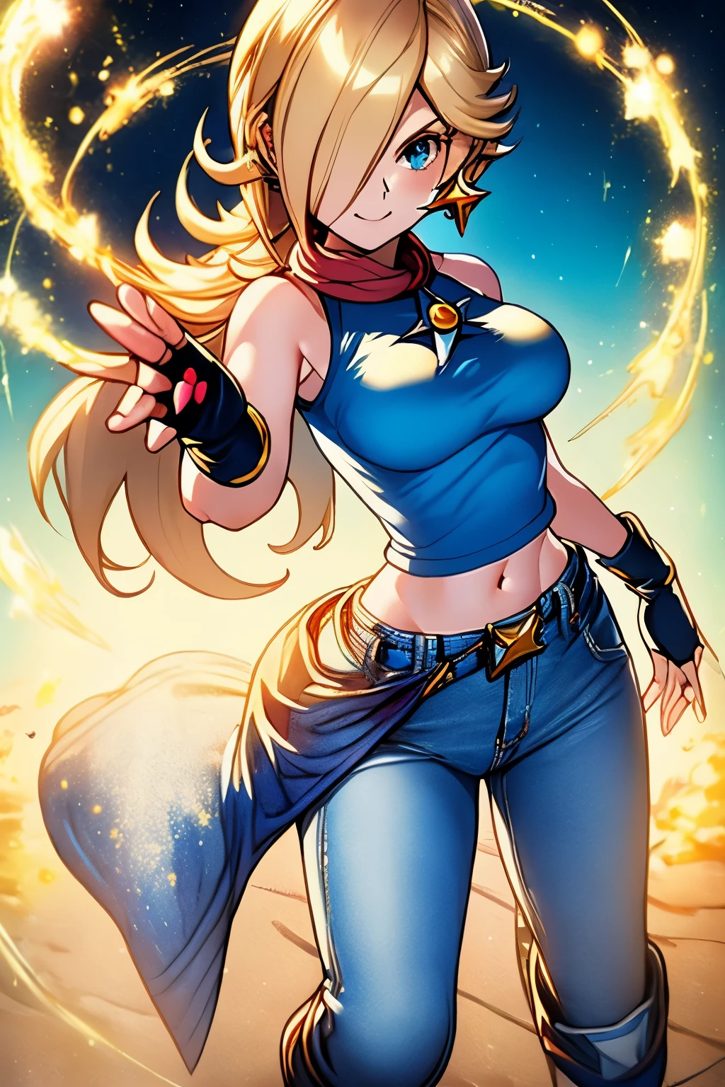 Rosalina, Rosalina wearing a red Top, jeans , Boots, Rosalina's golden hair flowing through air, ultra detailed face, fingerless gloves, fighting pose