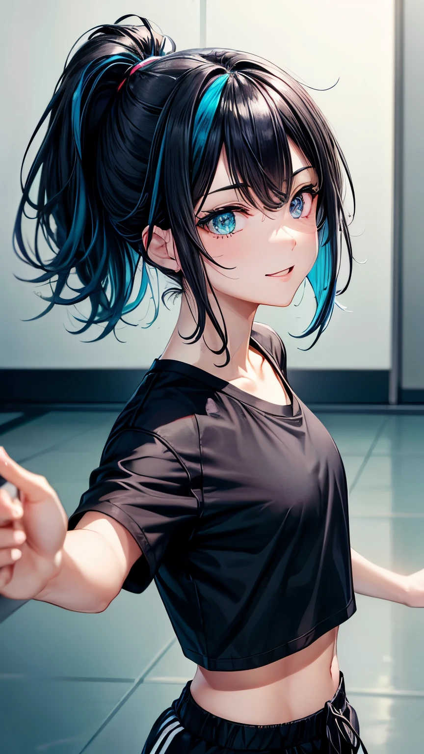 35 years old Japanese tidy lady ((small breast, very slender)), jet-black ponytail((short hair)), ((cyan highlights)),(( much shaggy forelock, blue colors highlights )), BREAK, black crop top, dark gray training sweat pants, running ,tidy and eloquent face, dynamic pose, looking back pose, friendly and beautiful smile, big droopy eyes (( shiny blue eye, shiny pale blue eye, heterochromia)), BREAK, tidy and pleasant atmosphere,((face focus))