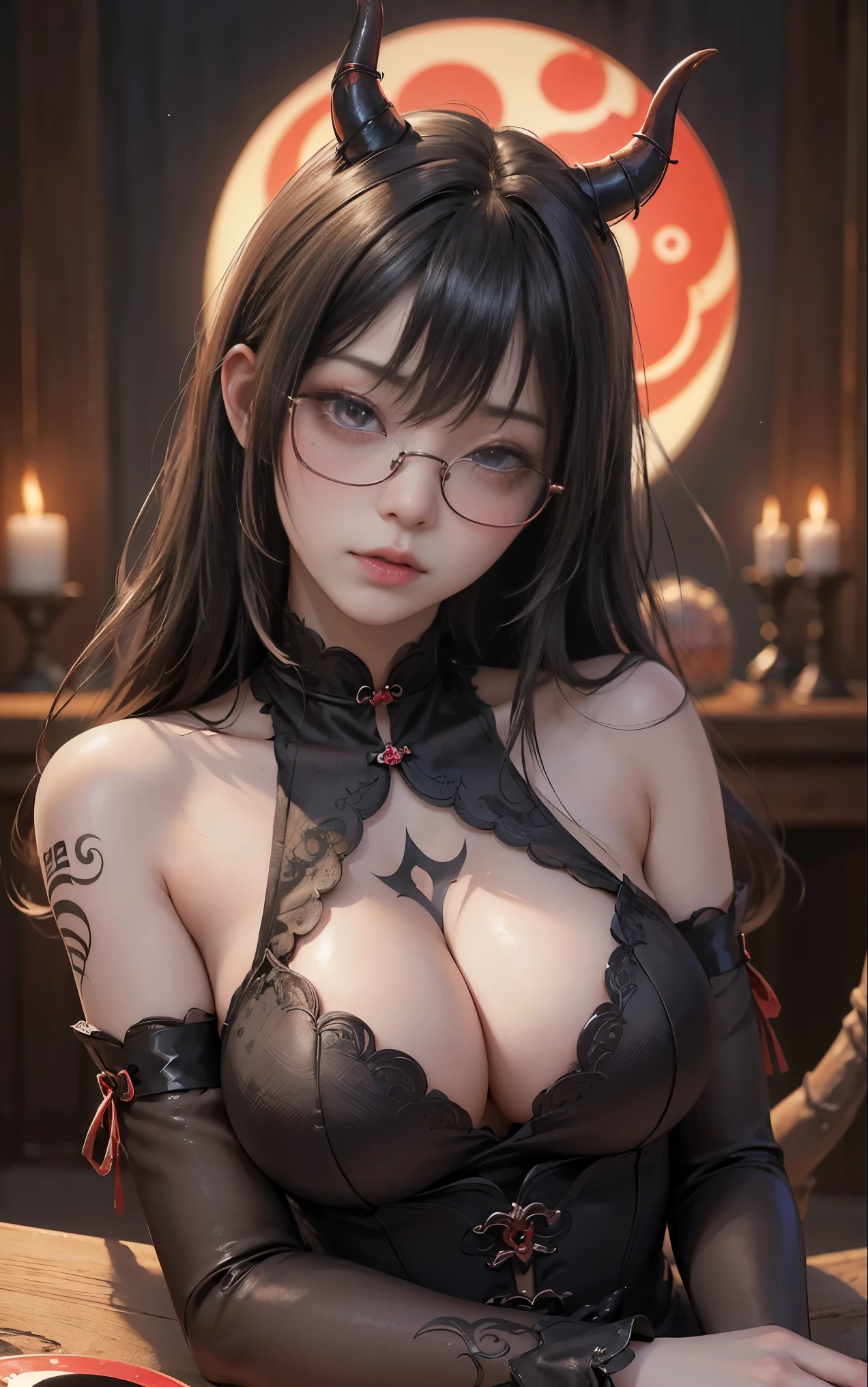 OKですかですか、(best illustrations)、8k UHD resolution、intricate details、highest quality、realistic、Super detailed、best lighting、best shadow、soft lighting、ultra hd、超realistic、Tyndall effect、Photoreal、(high detail skin:1.2)、 (intricate details, compensate, face to face with the children_v1:0.5), (OK, beautiful and delicate face, OKですか, beautiful and delicate eyes, perfectly proportioned face, high resolution skins, fine skin, Optimal ratio of 4 fingers and 1 thumb, arm under chest, red tattoo on lower abdomen、Wow wow, wide hips, smooth abdomen, thin and thin skin, __fashion__, __hair__:1.25)、Digital single-lens reflex camera、 absurd、(table top: 1.3), (maximum resolution: 1.2), (ultra hdTV: 1.2), cinematic light, fine eyes and skin, detailed facial features, , (sharp focus: 1.2), (focus on the face:1.2),perfect style, beautiful face, acura, anatomically correct, Highly detailed face and skin texture, fine eyes, double eyelid, thin eyebrows, glitter eyeliner: 1 natural cheeks, Glossy skin, Fair skin: 1.2, (glossy lips: 1.4),(embarrassed look: 1.2),Highly detailed face and skin texture, fine eyes, double eyelid, natural cheeks, glossy lips: 1.4,exposed cleavage、Bewitching。charm、 Beautiful devil woman from hell, デヴィッド・ホックニーとアルフォンス・ミュシャによる超realistic女性の肖像画, charm女性の肖像画、fantasy art, Chinese humanoid robot、chinese actress、dungeon、dragon、devil'palace of、devil'torture chamber、night、dark style 、in the dark、(detailed spooky background:0.8), magic、 1 girl、evil nun、dark necromancer、Succubus、devil'Daughter of、Shinonome Umi、bat wings,(((devil'Horn)))、 ((((giant glasses, otaku glasses, thick glasses, round glasses)))),(((big breasts)))、(devil'Tail)、(red eyesは光り輝いて:1.6)、red eyesは非常に鮮明で詳細です, your eyes are so beautifully made, ((red eyes:1.0)),intricate tattoo, demonic intricate tattoo, thigh tattoo, body tattoo, masterpiece、最もbeautiful face、baby face、cute smile、beautiful plump red lips、筋肉のcharm体、devilのcharm体、devil style、charmブラックマジックコスチューム、The long-haired、Braid、Black hair、Ponytail distortion、, Ponytail with a bow tied at the back of the hair, beautiful expression、body up、big breasts強調、bust, super tight chest, Breast augmentation surgery, Breasts are very big and round,tight waist、wide ass、 secret key, cowboy lens, (black phoenix dress: 1.0), devil crown, bright red jewel necklace、Jewelry G Wise, Please wear black mesh socks,wearing light red、nffsw, nffsw, Meeting beautiful girls, look at the girl'Main body,
