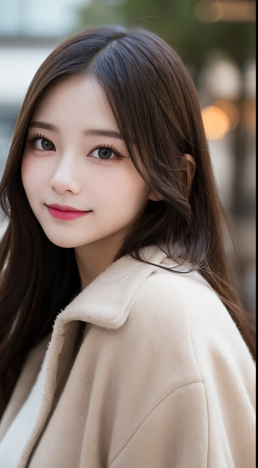 table top, highest quality, shape, Super detailed, finely, High resolution, 8k wallpaper, 完璧なダイナミックな構shape, beautiful and detailed eyes, Gorgeous black fluffy Tokyo winter clothes,ランダムなcute髪,,natural color lip, bold sexy pose,smile、20 year old girl、cute、sexy shot looking at camera,Always blur the background,perfect and beautiful face,Take only the face,beautiful and detailed face、slim face and style,Big eyes、do gal makeup,small face,Wearing a luxury brand mink coat