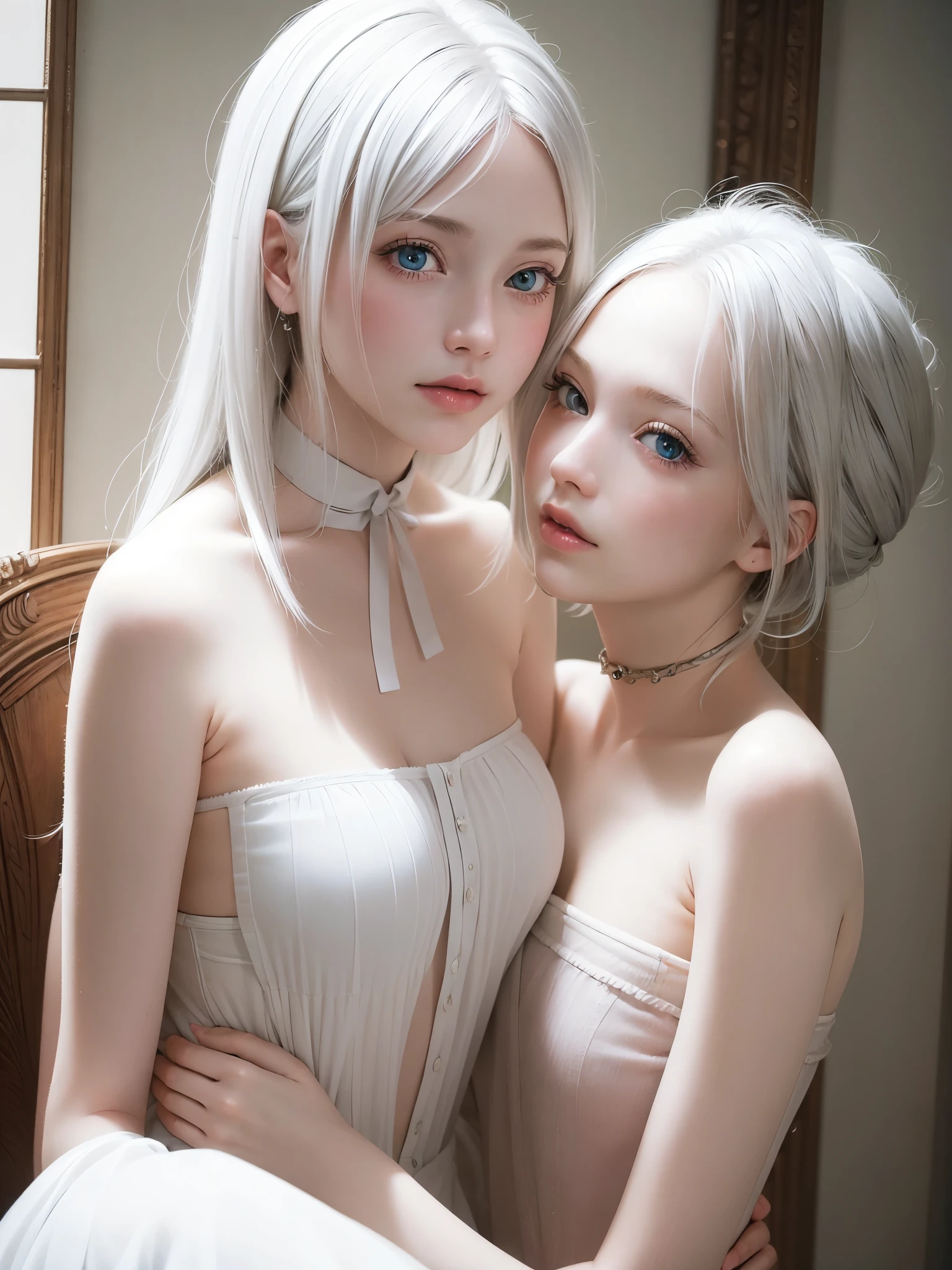 best quality, masterpiece, ultra high resolution, (lifelike: 1.4), original photo, 1 girl, Off the shoulders, light, kissing position, heterochromia, white hair, white hair