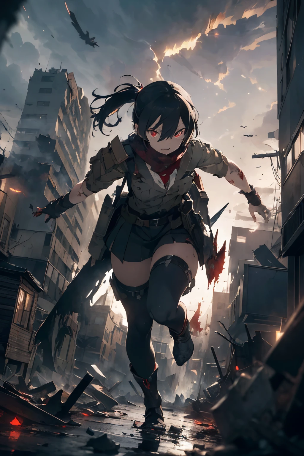 masterpiece, high resolution, anime:1.3), Mikasa Ackerman, (unyielding determination:1.2), (raven-black hair:1.1), tied in a ponytail, (piercing gray eyes:1.2), resolute gaze, (scout regiment uniform:1.1), (3D maneuver gear:1.2), (gleaming blades:1.1), (emblem on her shoulder:1.1), battle-scarred, (titan slayer:1.2), locked in combat with a colossal titan, (towering:1.1), (terrifying:1.2), (sinister grin:1.1), (ominous red eyes:1.2), (destructive force:1.1), (crumbling buildings:1.1), (devastated cityscape:1.2), dynamic action pose, mid-leap, (rippling:1.1), (blood-stained:1.1), (tattered scarf:1.2) flowing behind, (intense atmosphere:1.1), (ominous clouds:1.1), fighting for survival, detailed character design, intense shading, dramatic lighting, high-energy composition, depth of field, adrenaline-fueled scene