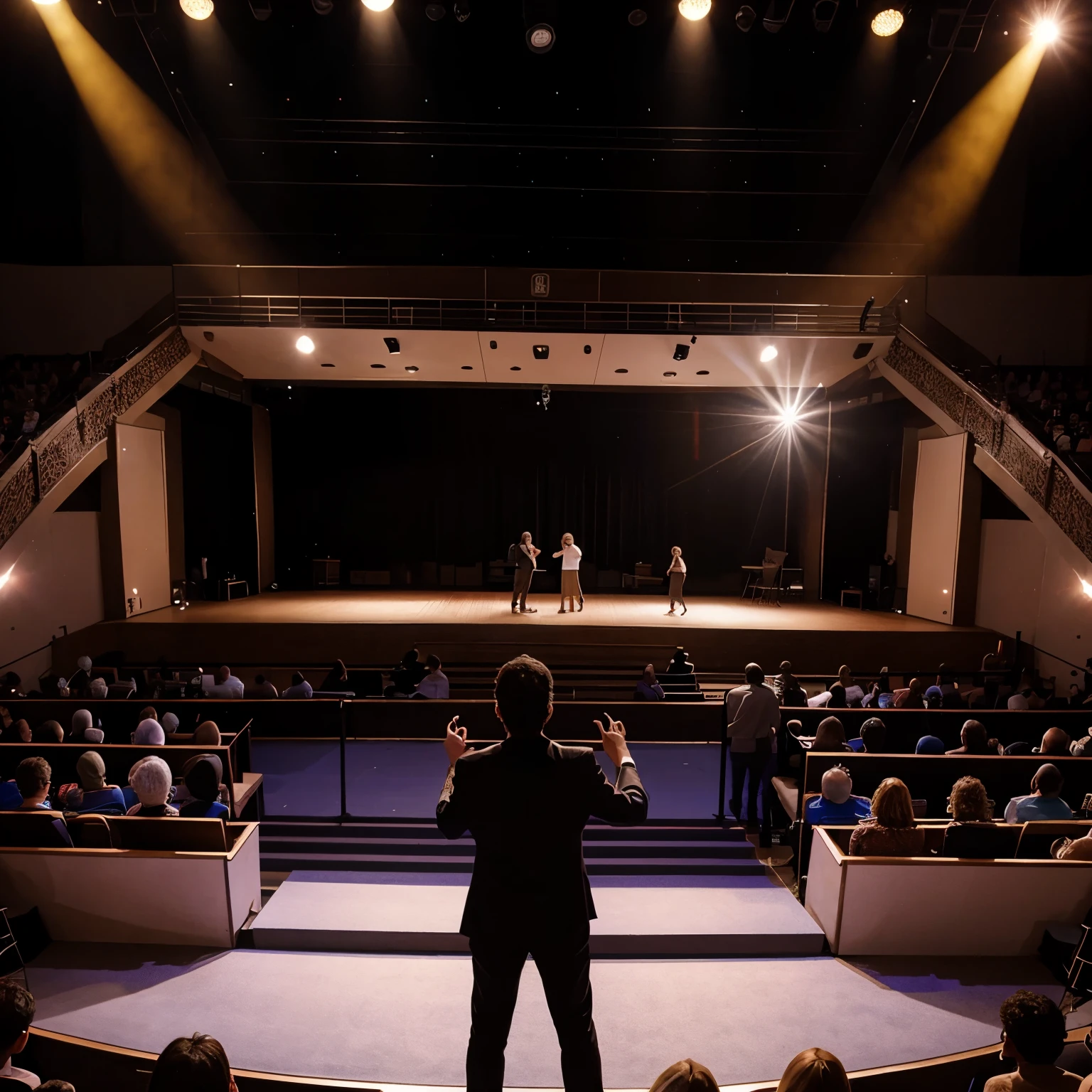 draw me a picture 3 people are on stage, including 2 men and 1 woman, the woman is telling a joke, and the audience around her is laughing, the audience consists of all groups such as children, agers, adults and the elderly