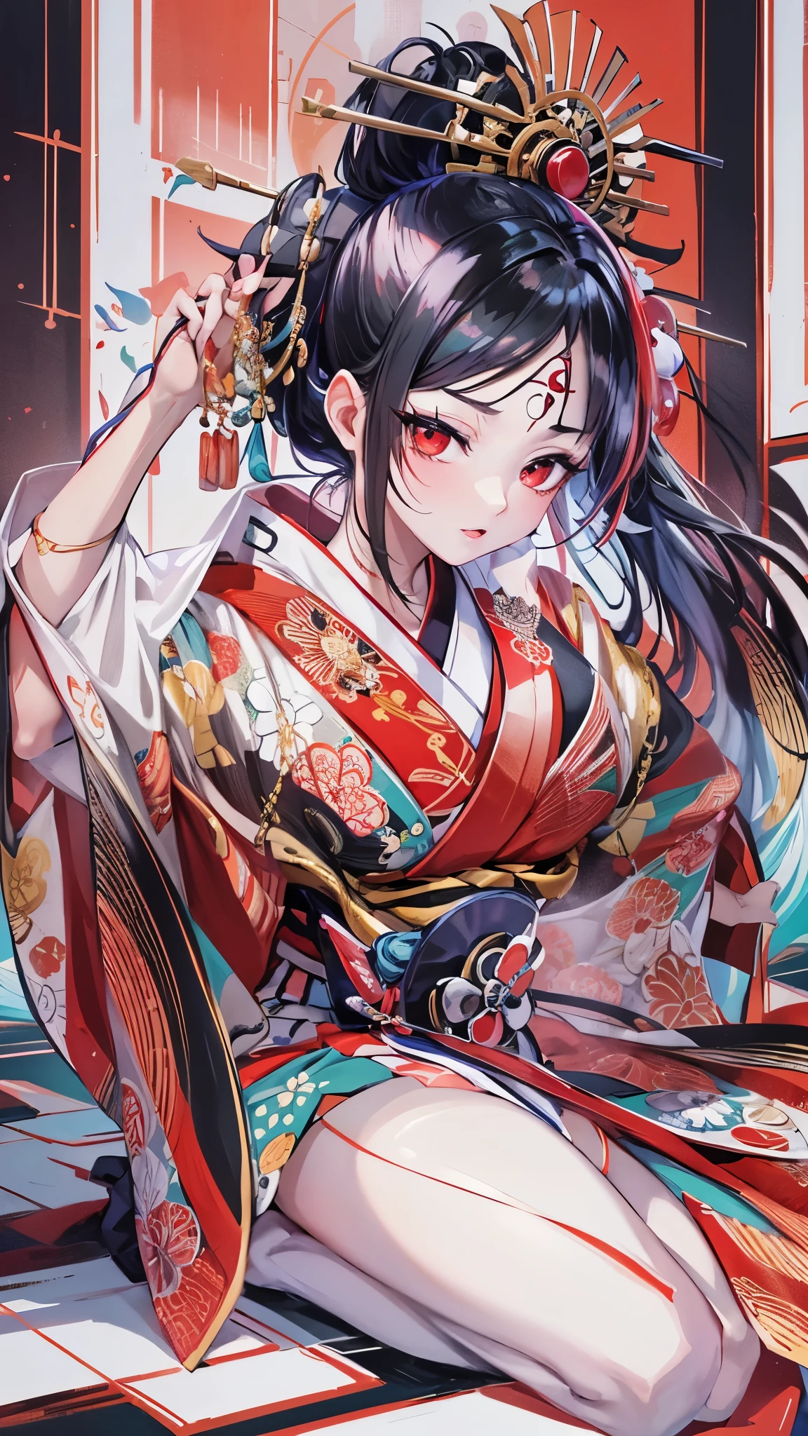 low-angela, ((dance style)) (solo:1.3 Kabuki dancer, black hair long oiran hair, cute femdom girl, 17 yo, bigboobs:1.2, red eyes), ((kabuki:1.2 makeup face)), (in a immensely kabuki uniform), ((kabuki dancing)) (in the Hakataza Theater), break, perfect anatomy, masterpiece:1.2, best quality, 8k, beautiful detailed grow, daydreaming expression.
