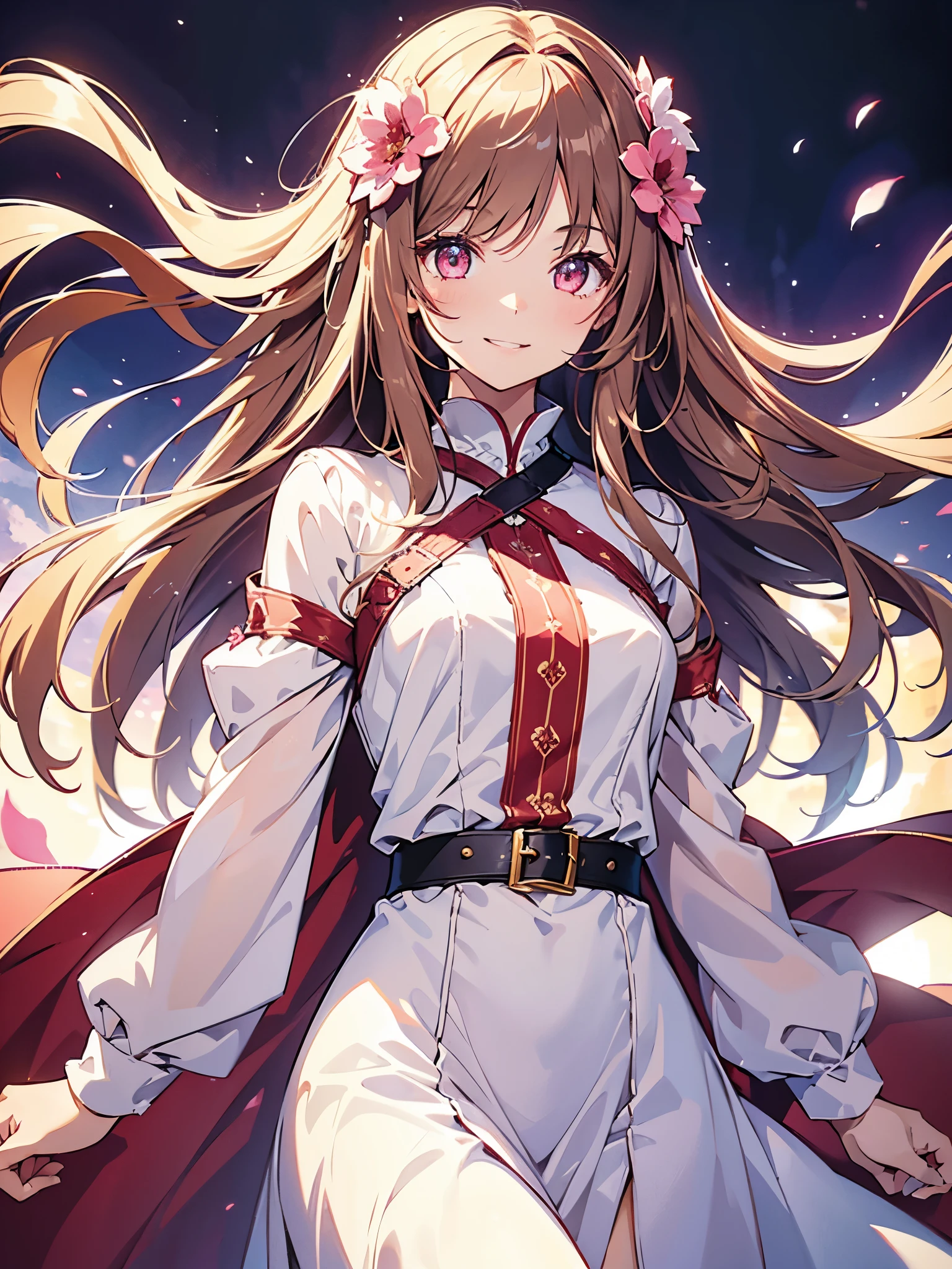 (1girl), solo, cute, very youth, body, (smiling), long brown straight hair, big pink shiny eyes, white and red long gorgeous flower dress, long sleeves, fluffy dress, cinematic lighting, dramatic angle, upper body, detailed face, sunlight, masterpiece, best quality, best illustration