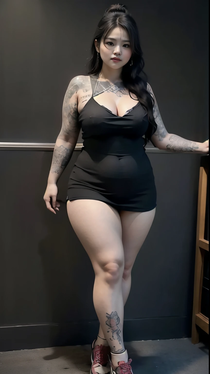 ((best quality)), ((masterpiece)), (detailed), perfect face, Beautiful, mother-in-law, asian-Indonesian , voluptuous, wearing random clothes (formal), In the black room, seductive expression, chubby body, nice body, milf chubby, chinese-Indonesian. Full body, big arm, wide hips , wearing a sneakers, bob hairstyle, baby face , chubby cheeks, 35 year old, chubby tall woman, tattooed thighs , yakuza tattoos , big thighs, big armpits , chubby massive cheeks , thick neck, cold atmosphere, low light, wavy short haired, big breasts, showing her armpits , thick woman