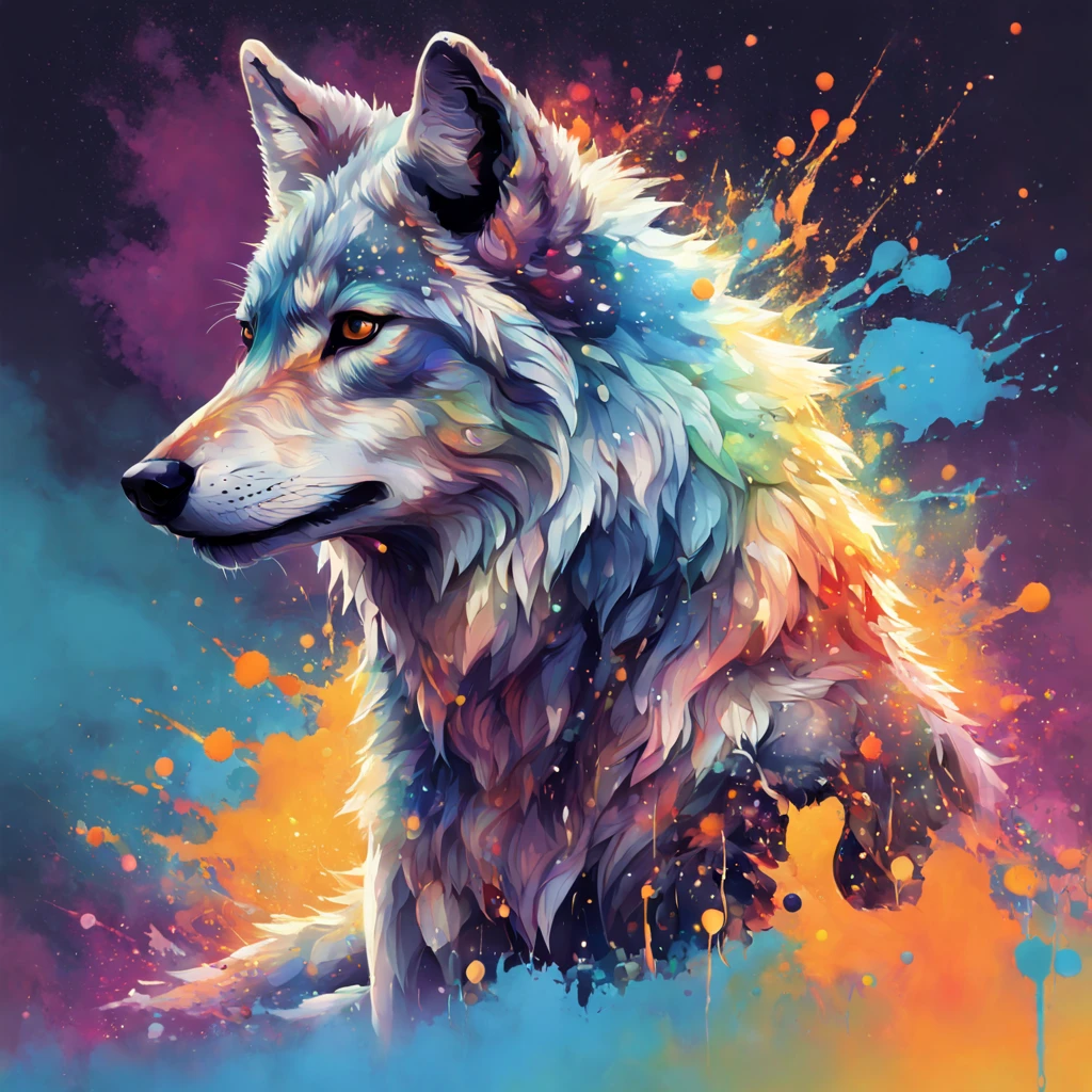 Eternity The mix of hues in this Auroran wolf reminds me of the Colored Rooms. The beauty pains me, piercing my heart like a dagger. And if you stare too hard, you get lost in the eternity of its radiance light splatters in splatter art style