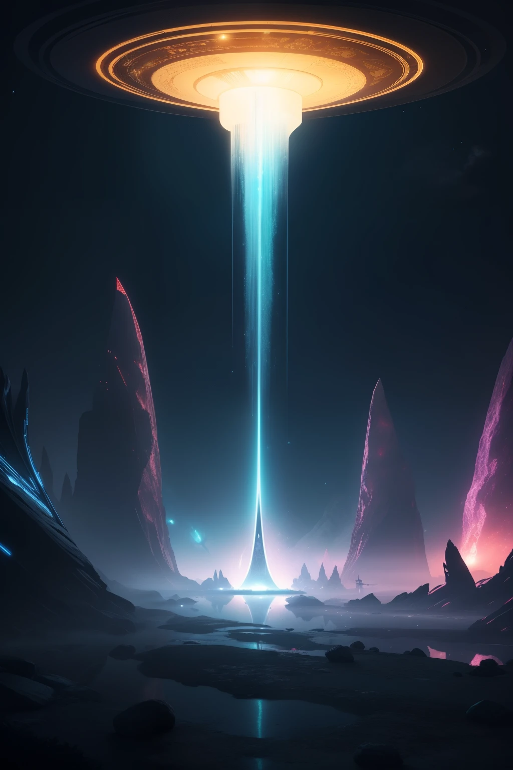 Imagine a highly detailed illustration of a hidden world nestled deep within the Earth. The atmosphere is filled with a captivating shimmer, showcasing a futuristic city and a majestic spaceship floating in the background. The lighting is whimsical, adding an ethereal glow to the scene. Soft textures abound, creating a sense of tranquility that contrasts with the futuristic ambiance.
As your gaze delves deeper into this imaginative artwork, you'll notice the silent luminescence of the environment, its whispering stillness echoing through the image. Iridescent structures glimmer in the vibrant background, their shapes intertwining in a mesmerizing