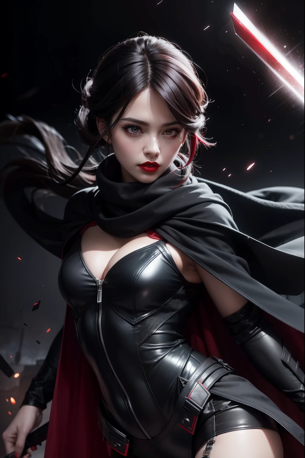 Realistic beauty girl (red lips), in combat plugsuit with high scarf & black cape, cinematic pose, sharp focus, masterpiece, ultra quality, detailed flying sword colorful crystal