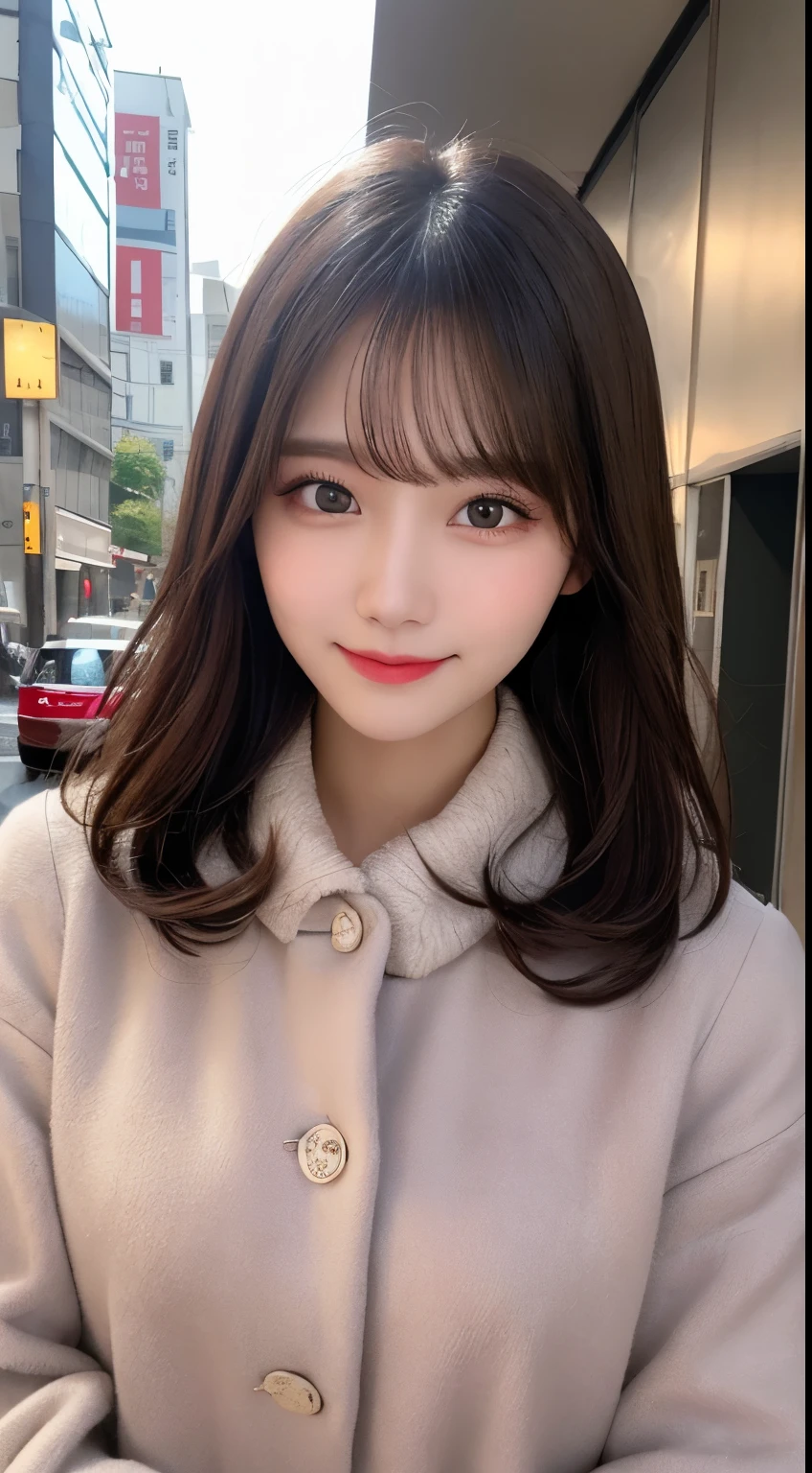 table top, highest quality, shape, Super detailed, finely, High resolution, 8k wallpaper, 完璧なダイナミックな構shape, beautiful and detailed eyes, Gorgeous black fluffy Tokyo winter clothes,ランダムなcute髪,,natural color lip, bold sexy pose,smile、20 year old girl、cute、sexy shot looking at camera,Always blur the background,perfect and beautiful face,Take only the face,beautiful and detailed face、slim face and style,Big eyes、do gal makeup,small face,Wearing a luxury brand mink coat